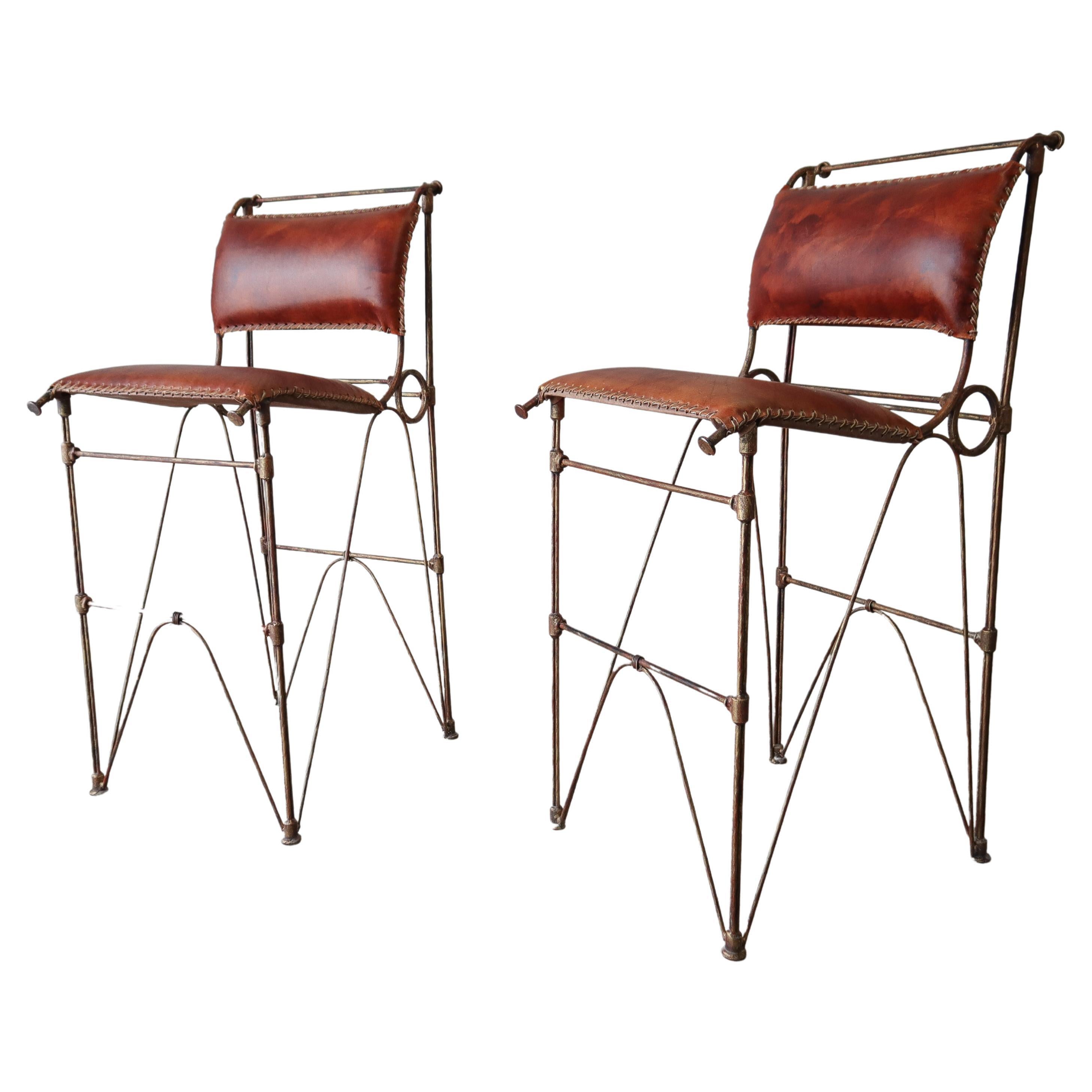 Rustic Pair of Leather Bar Stools by Ilana Goor For Sale