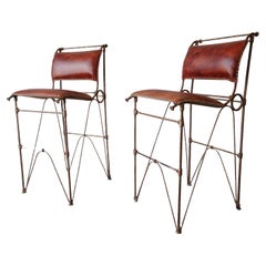 Rustic Pair of Leather Bar Stools by Ilana Goor