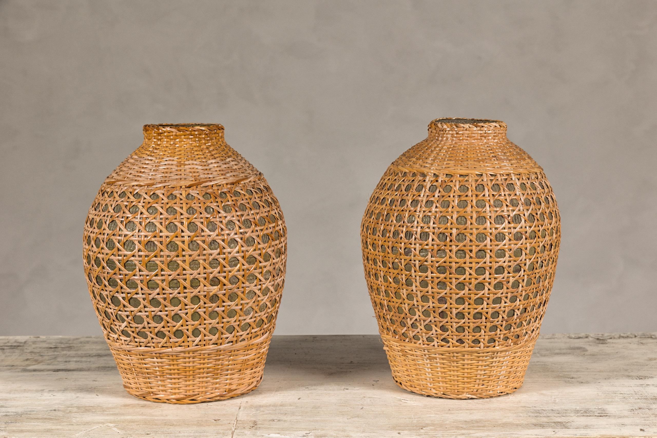 Rustic Pair of Midcentury Wicker Vases Made of Cane over Ceramic 6