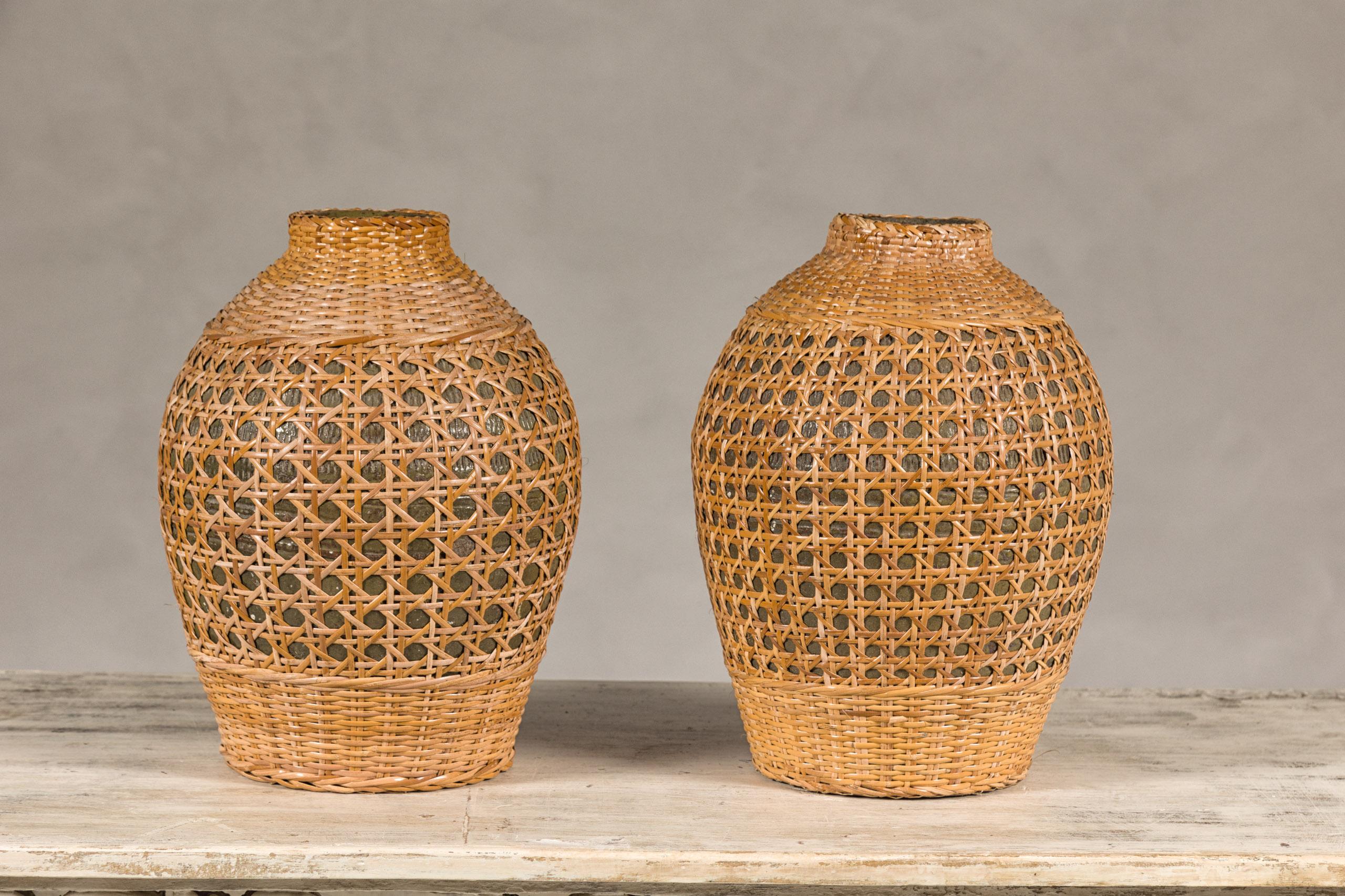 Rustic Pair of Midcentury Wicker Vases Made of Cane over Ceramic 7