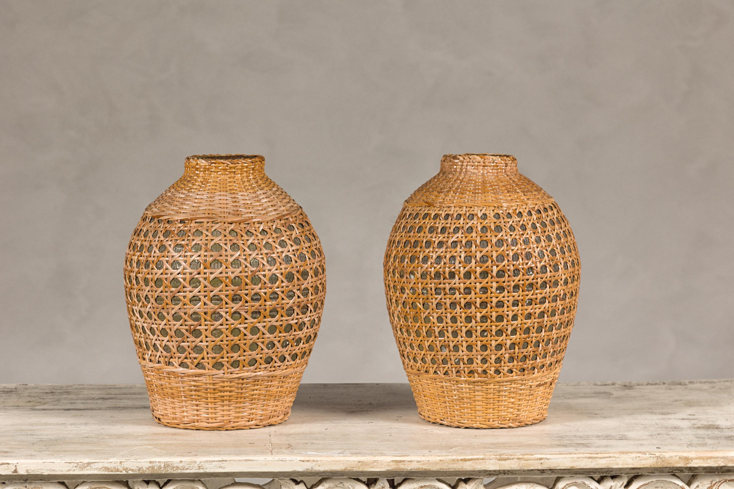 Rustic Pair of Midcentury Wicker Vases Made of Cane over Ceramic 8
