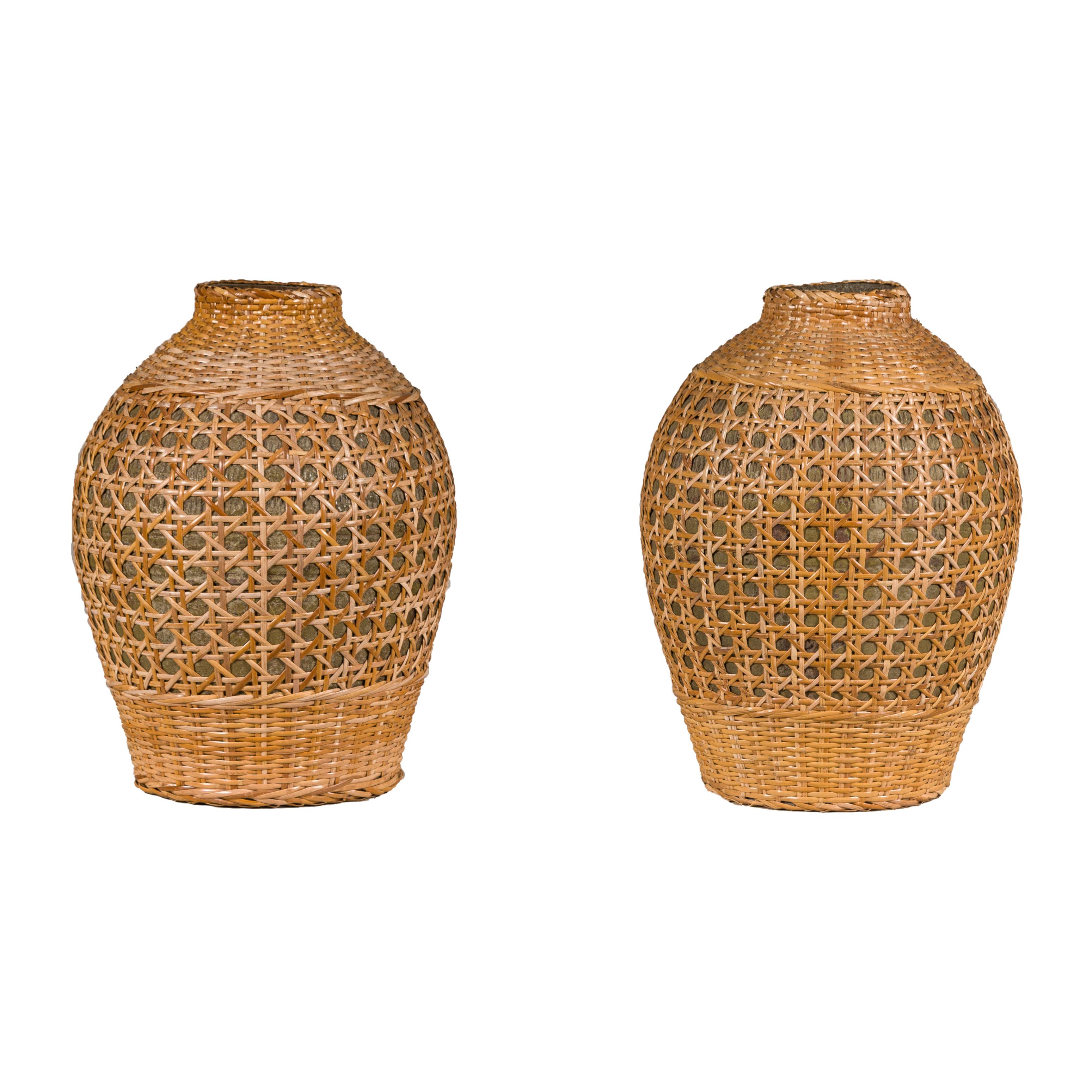 Rustic Pair of Midcentury Wicker Vases Made of Cane over Ceramic 10