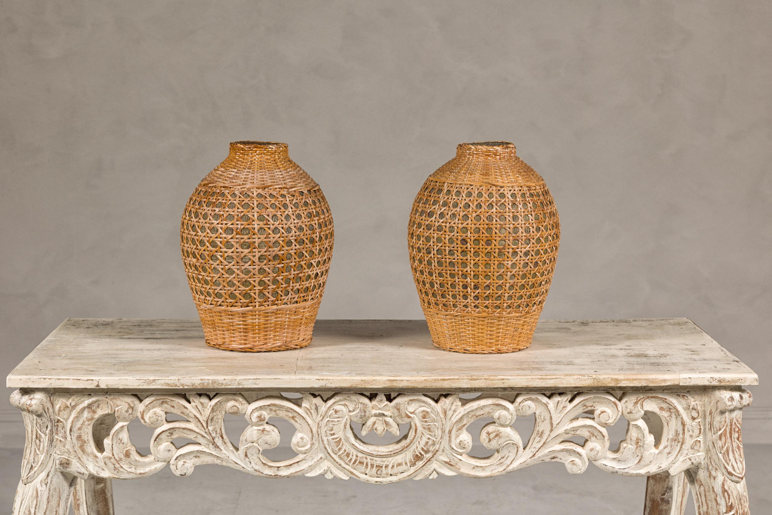 Mid-Century Modern Rustic Pair of Midcentury Wicker Vases Made of Cane over Ceramic