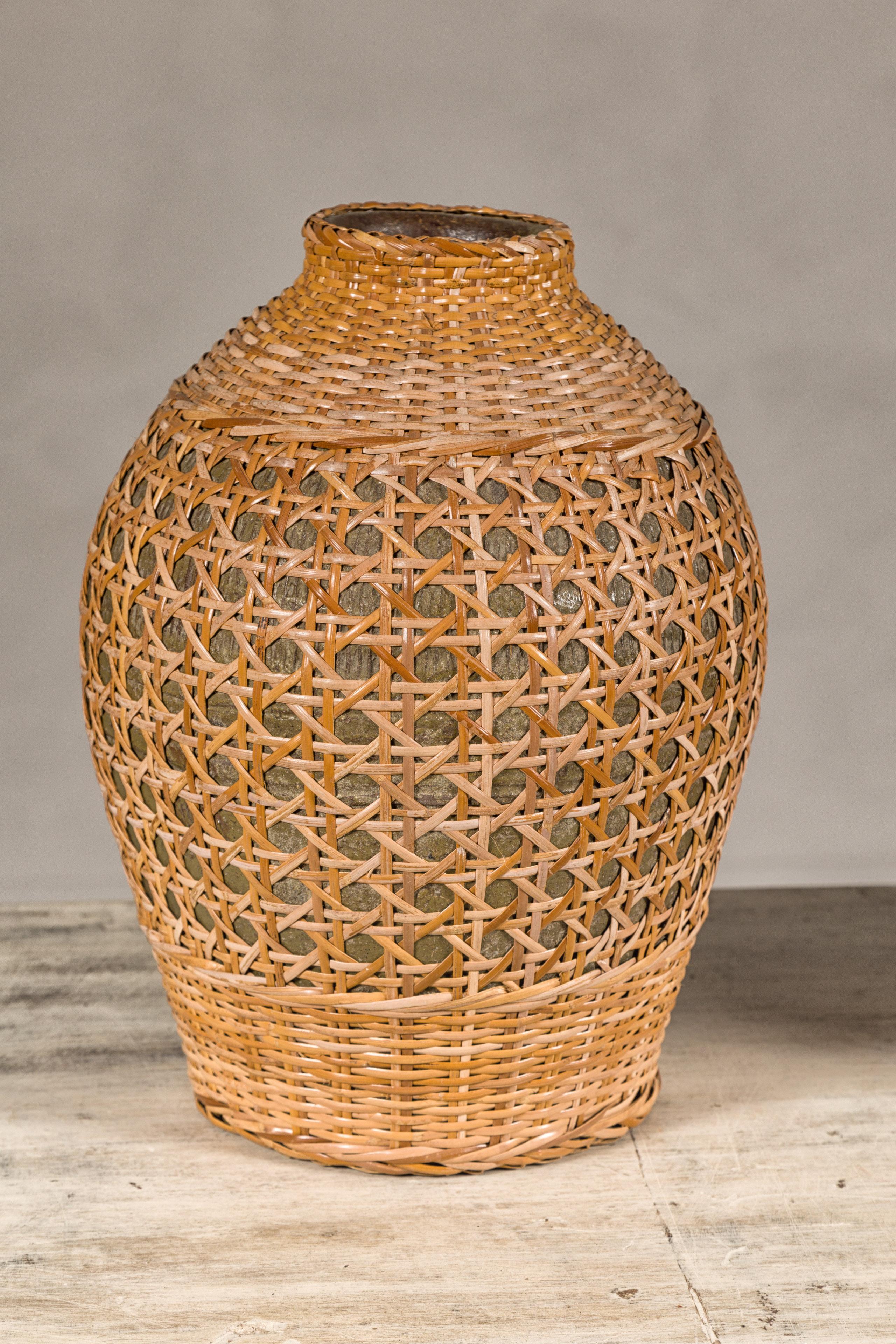 Chinese Rustic Pair of Midcentury Wicker Vases Made of Cane over Ceramic