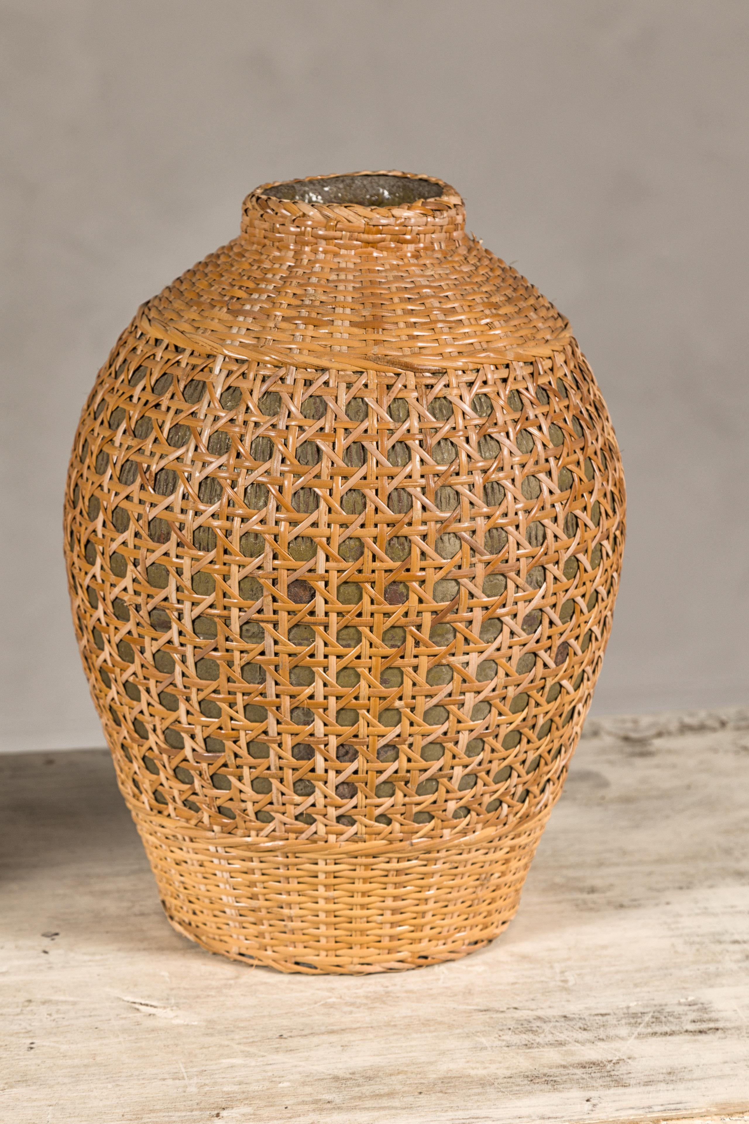 Rustic Pair of Midcentury Wicker Vases Made of Cane over Ceramic In Good Condition In Yonkers, NY