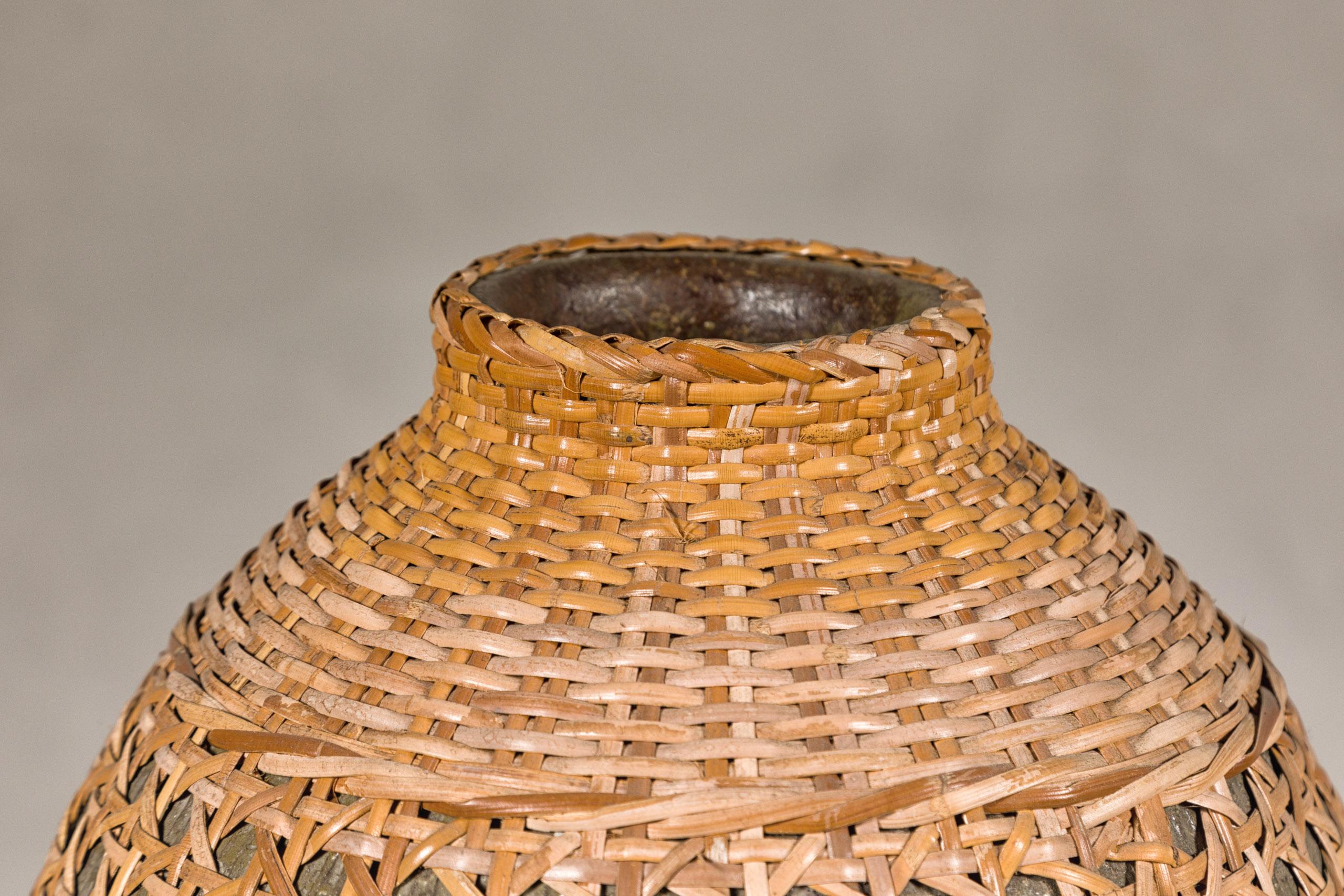 20th Century Rustic Pair of Midcentury Wicker Vases Made of Cane over Ceramic