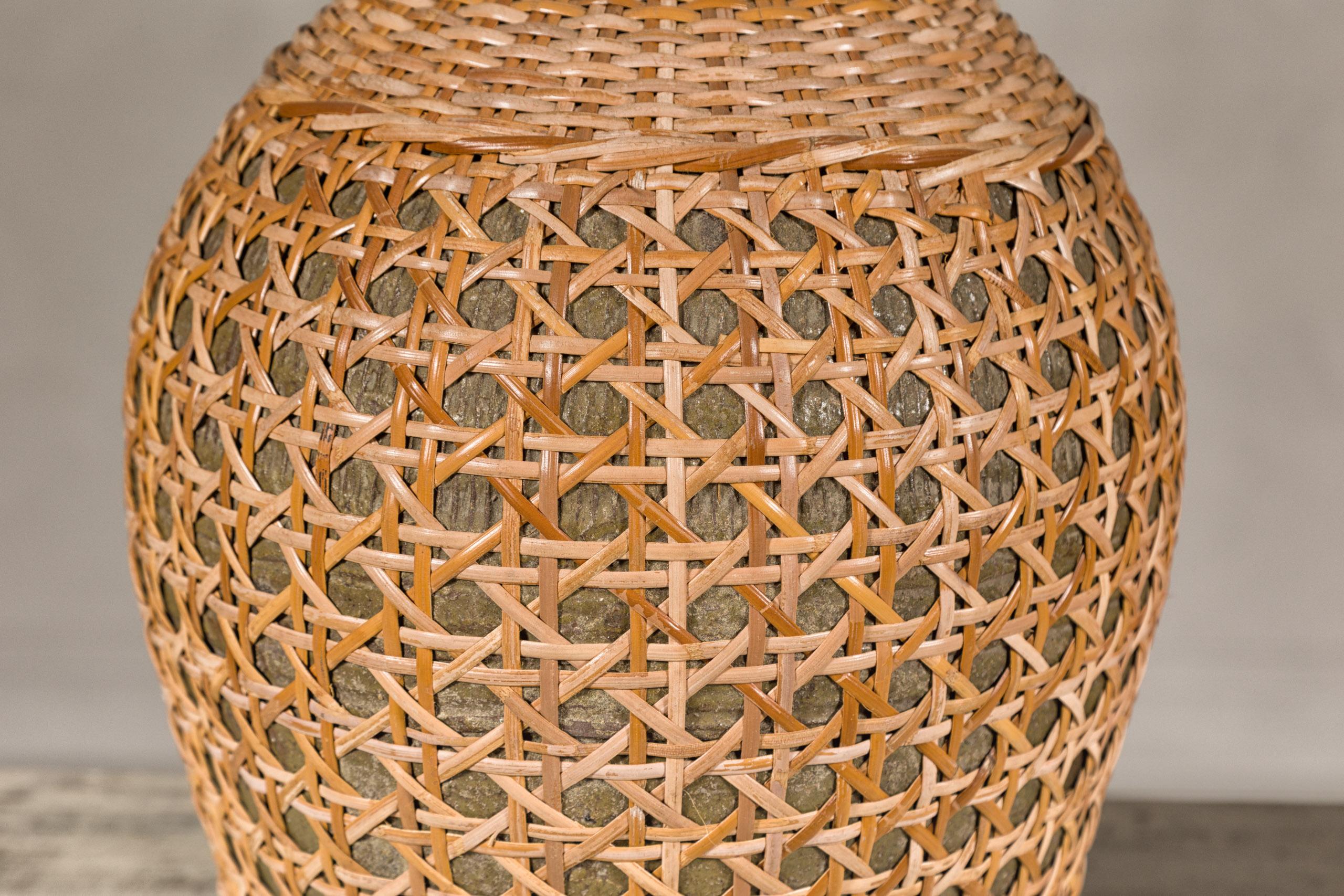 Rustic Pair of Midcentury Wicker Vases Made of Cane over Ceramic 1