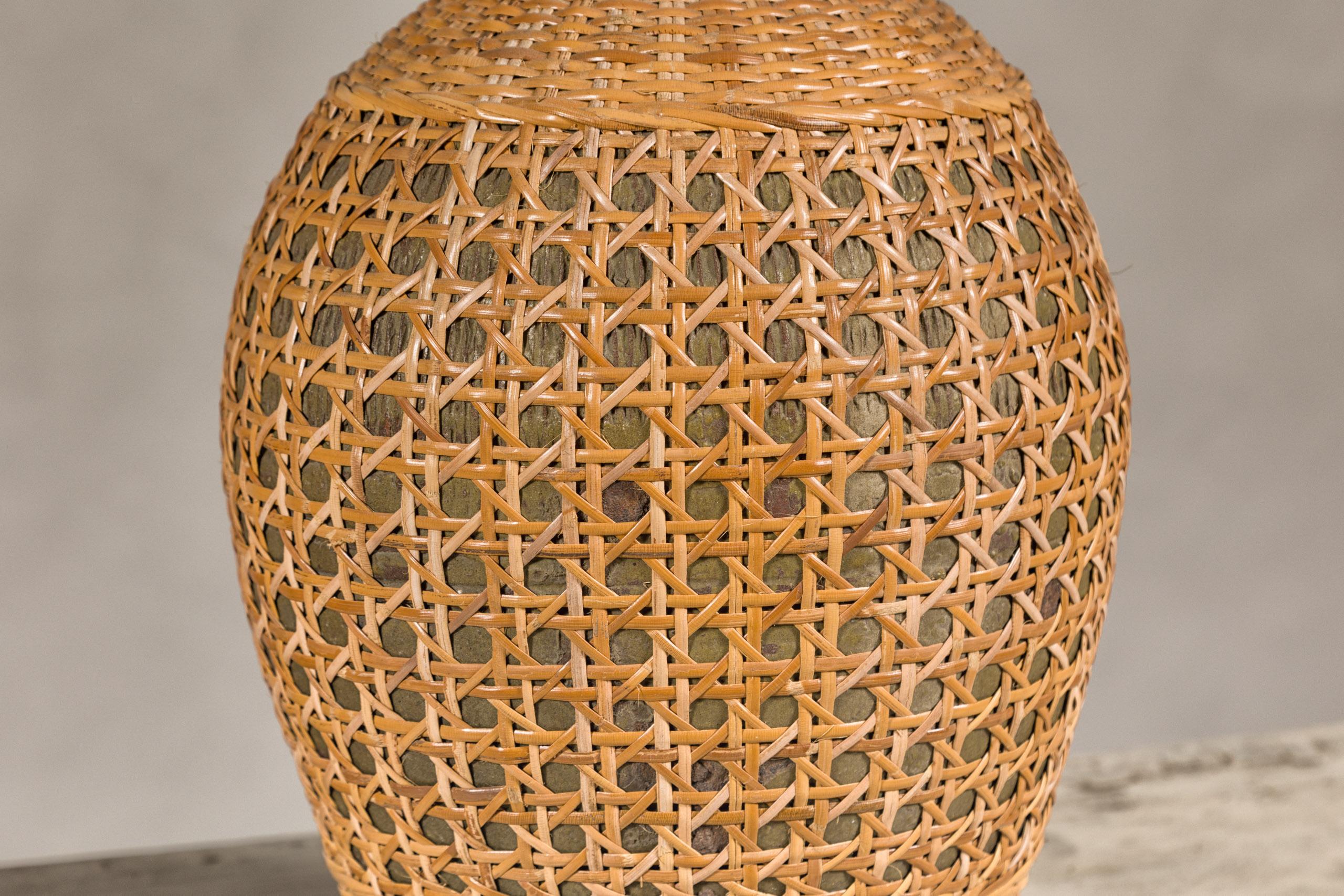 Rustic Pair of Midcentury Wicker Vases Made of Cane over Ceramic 3