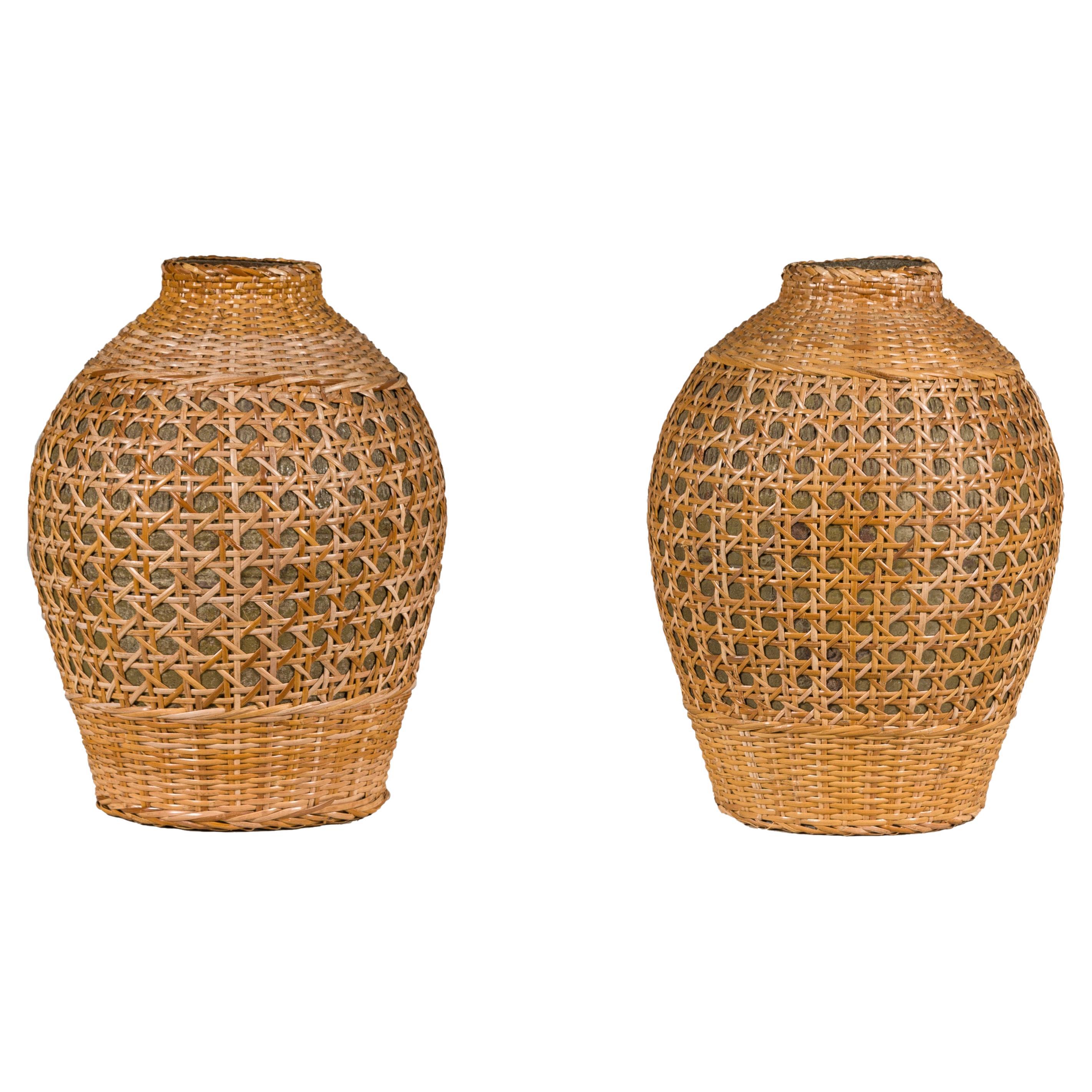 Rustic Pair of Midcentury Wicker Vases Made of Cane over Ceramic For