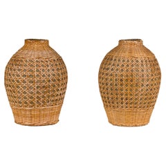 Rustic Pair of Midcentury Wicker Vases Made of Cane over Ceramic