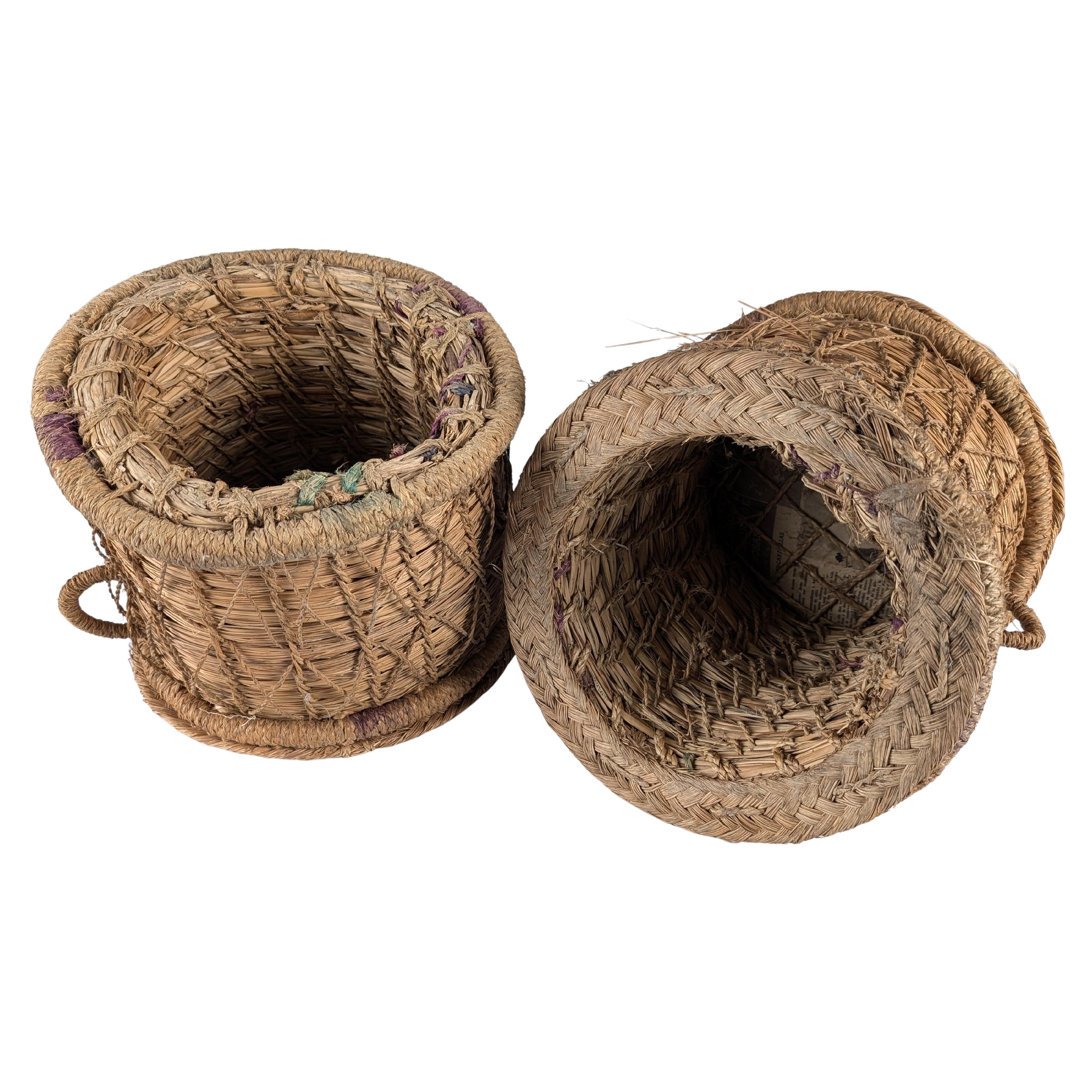 Rustic Pair of Spanish Andalusian Woven Esparto Baskets 1960s For Sale