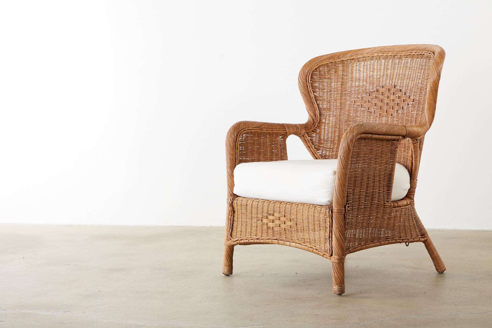 Rustic Pair of Wicker Wrapped Wingback Chairs 3