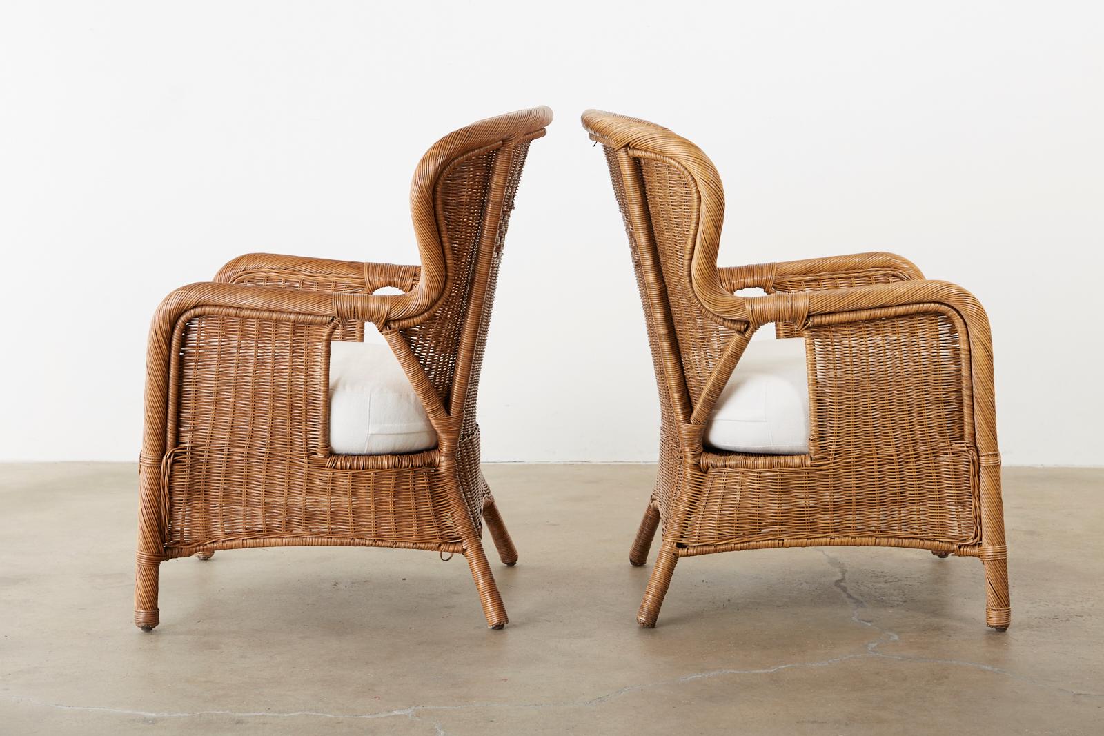 20th Century Rustic Pair of Wicker Wrapped Wingback Chairs