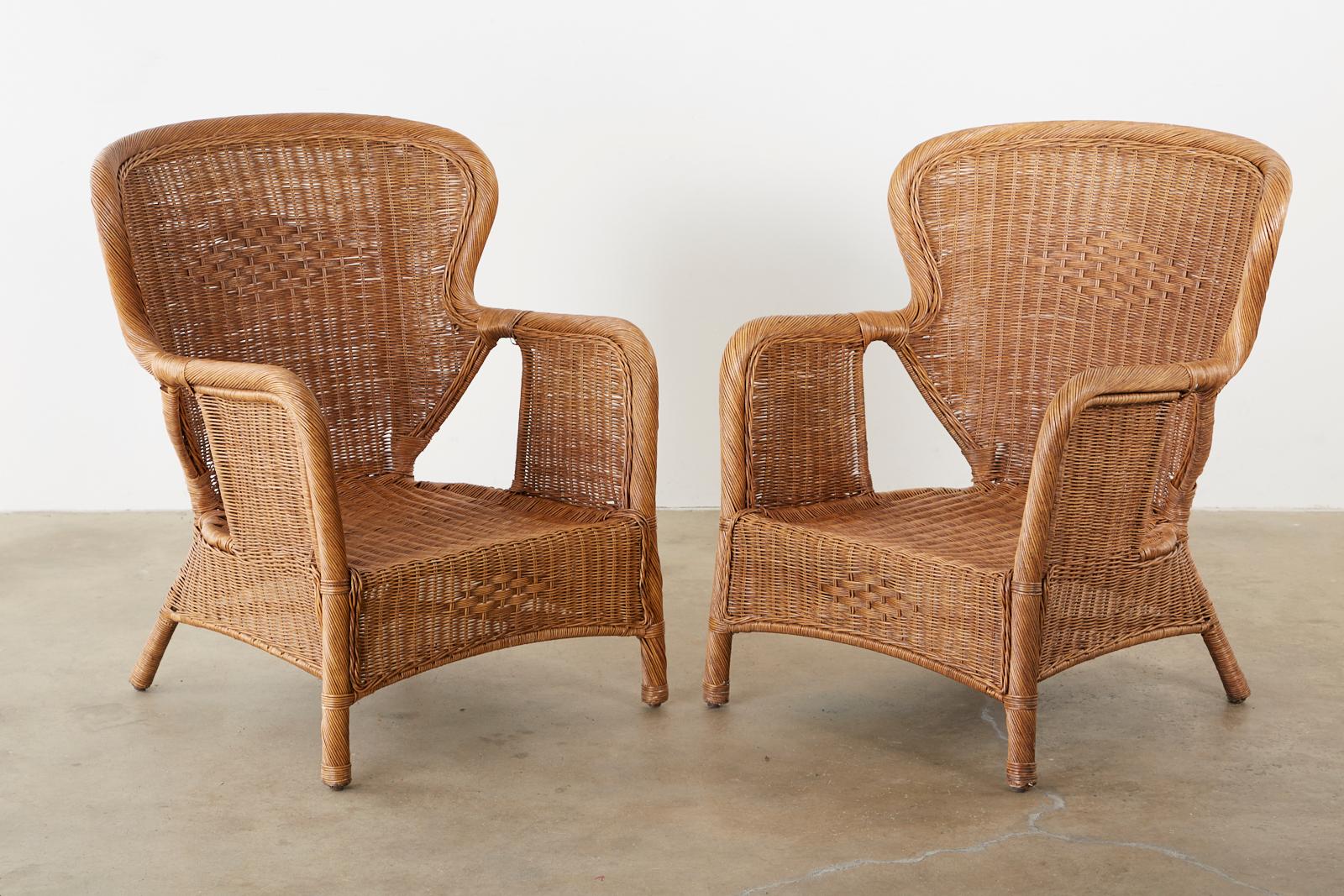 Rustic Pair of Wicker Wrapped Wingback Chairs 1