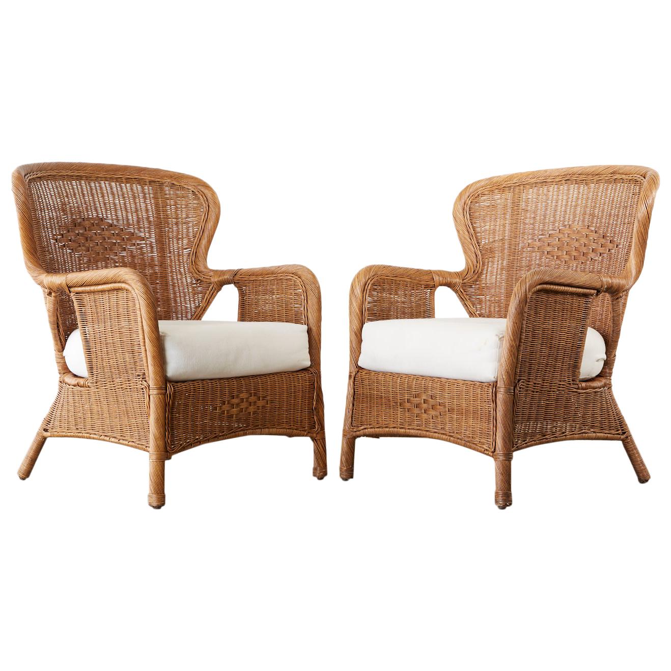 Rustic Pair of Wicker Wrapped Wingback Chairs