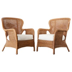 Vintage Rustic Pair of Wicker Wrapped Wingback Chairs