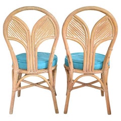 Vintage Rustic Palm Beach Regency Fan Back Bamboo and Rattan Dining Chairs, A Pair