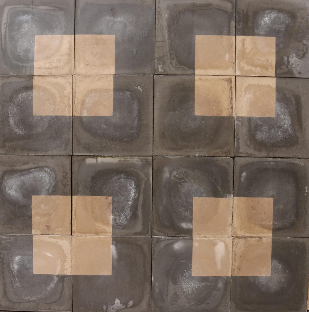 A batch of 57 reclaimed encaustic cement tiles with a black and white square pattern. These tiles will cover 2.2 m2 or 23 ft2. Suitable for wall or floors.