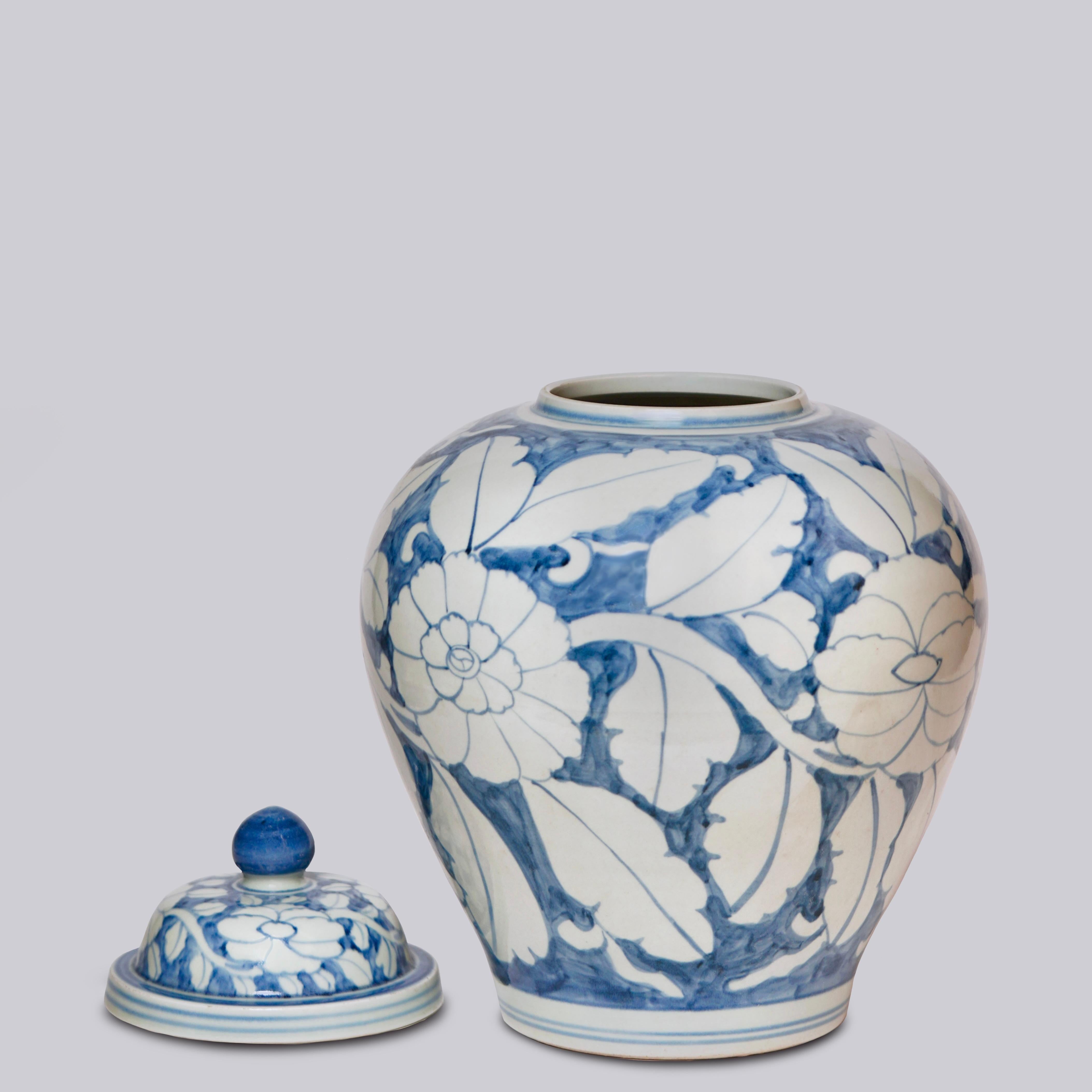Fired Rustic Peony Blue and White Porcelain Temple Jar For Sale