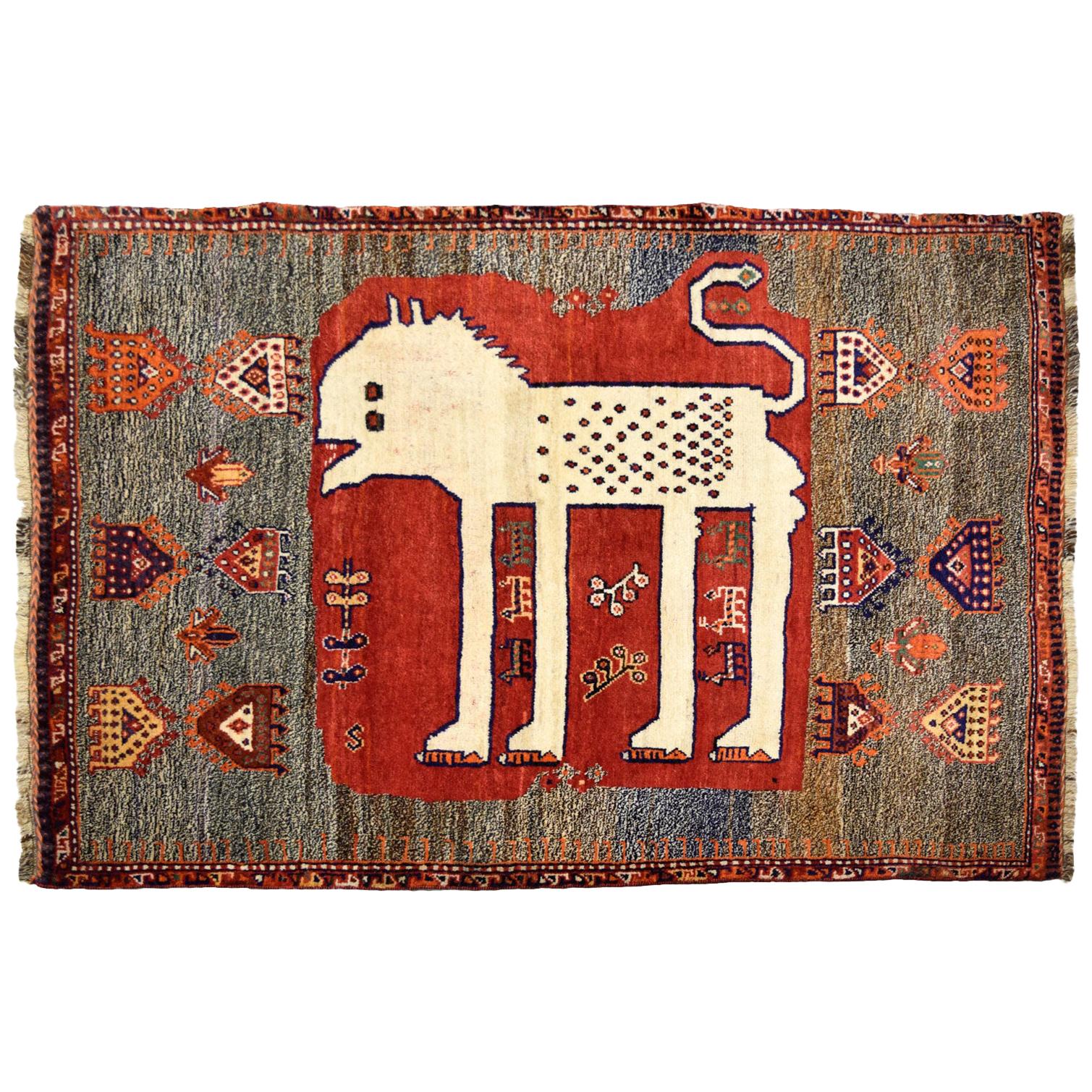 Antique Persian Qashqai Lion Rug, Circa 1920, Cream, Red, and Brown, 4’ x 6'