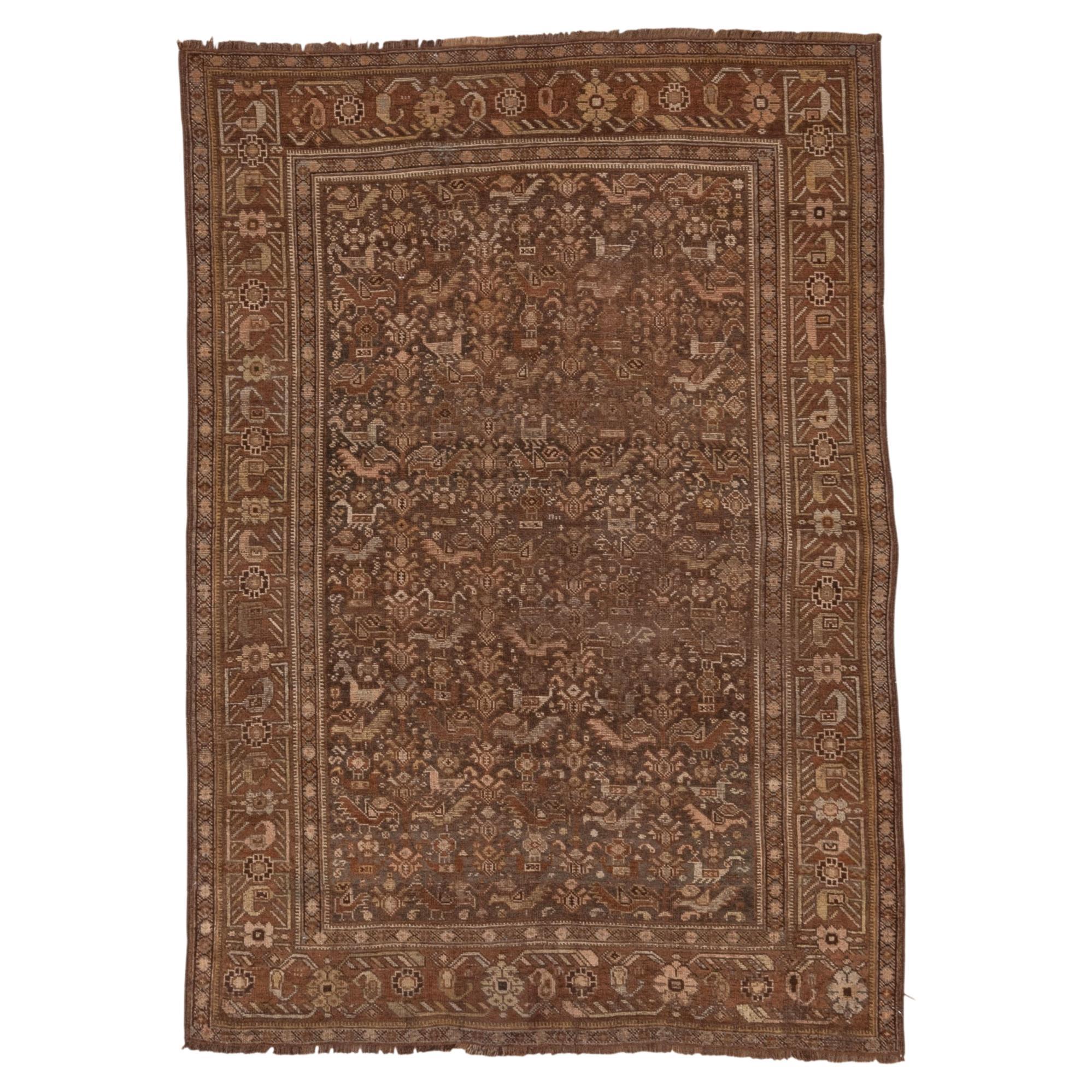 Rustic Persian Shiraz Pictorial Rug, Brown & Rust Tones, circa 1920s For Sale