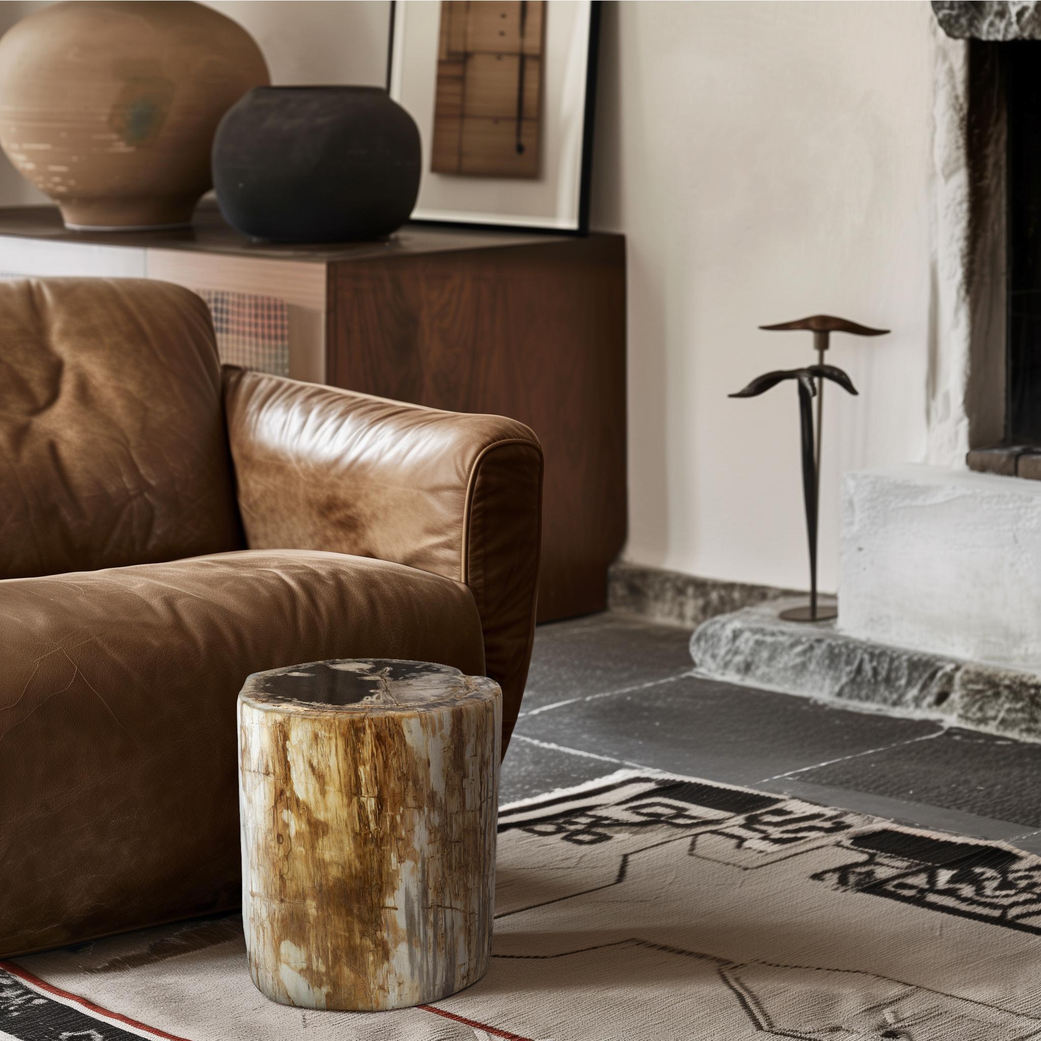 This petrified wood end table blends the beauty of nature with a modern, functional design. The table’s cylindrical shape features a smooth, polished top, while the sides maintain a natural, rustic appearance with a charming, cracked texture that