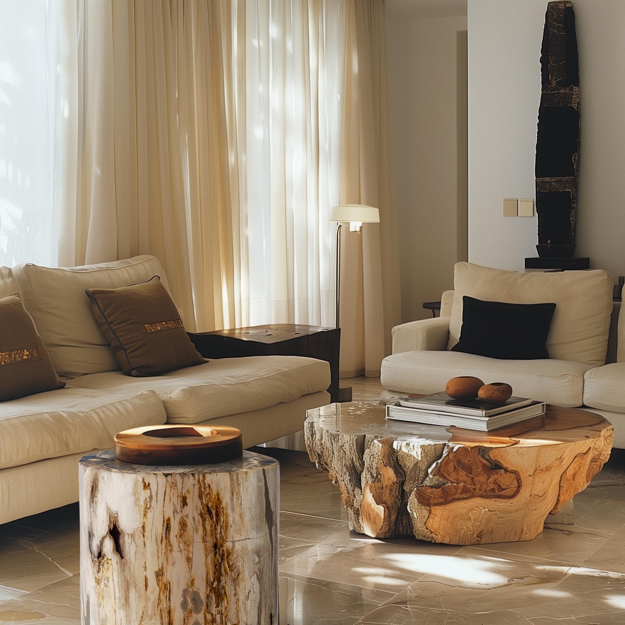 This petrified wood side table is a unique and remarkable piece, showcasing a polished surface that reveals a stunning array of natural patterns and colors. The grain displays a beautiful blend of deep chocolate browns and lighter beige hues,