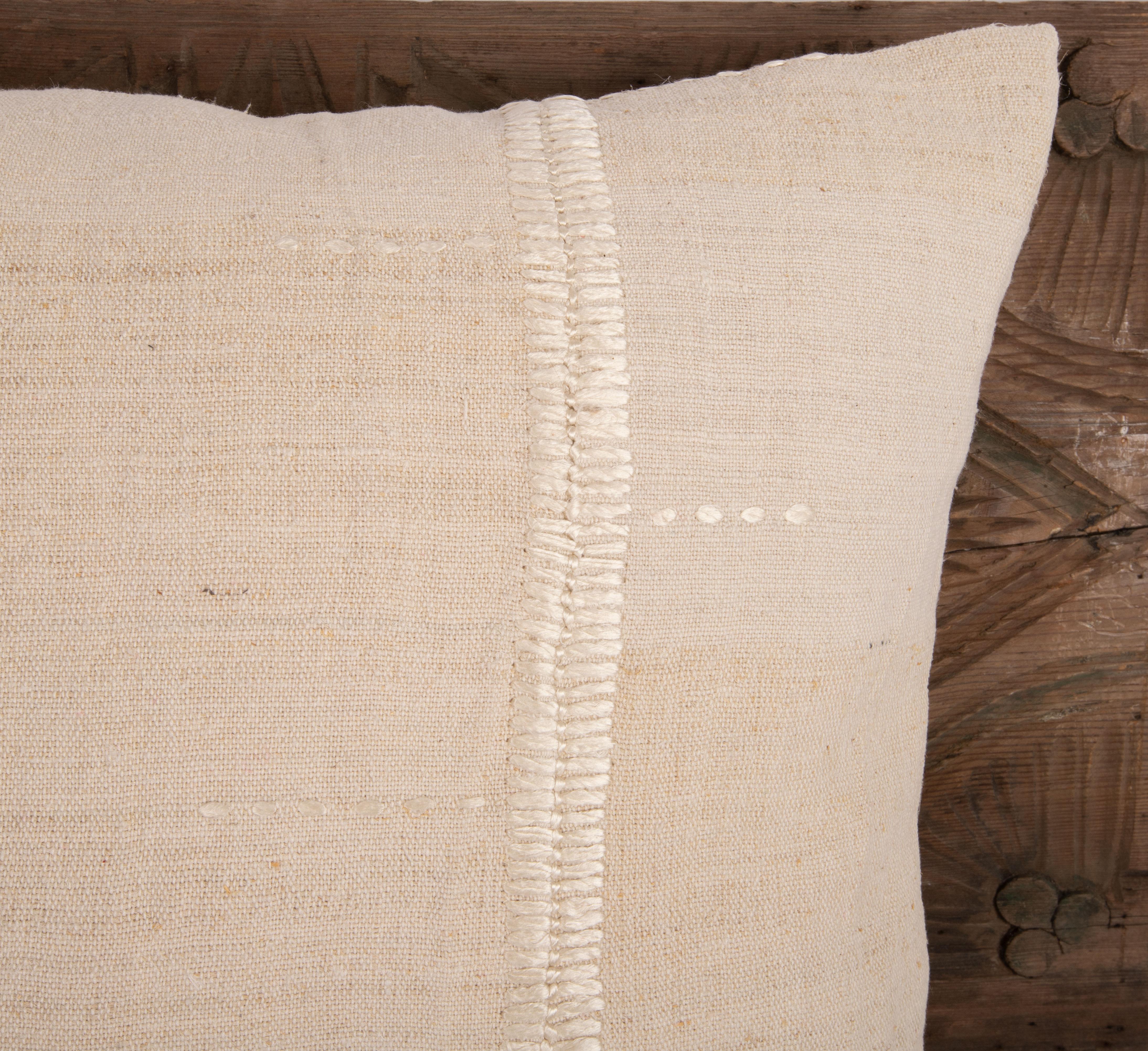 Hand-Woven Rustic Pillow Case Made from a Vintage Anatolian Linen Fabric Mid 20th C. For Sale