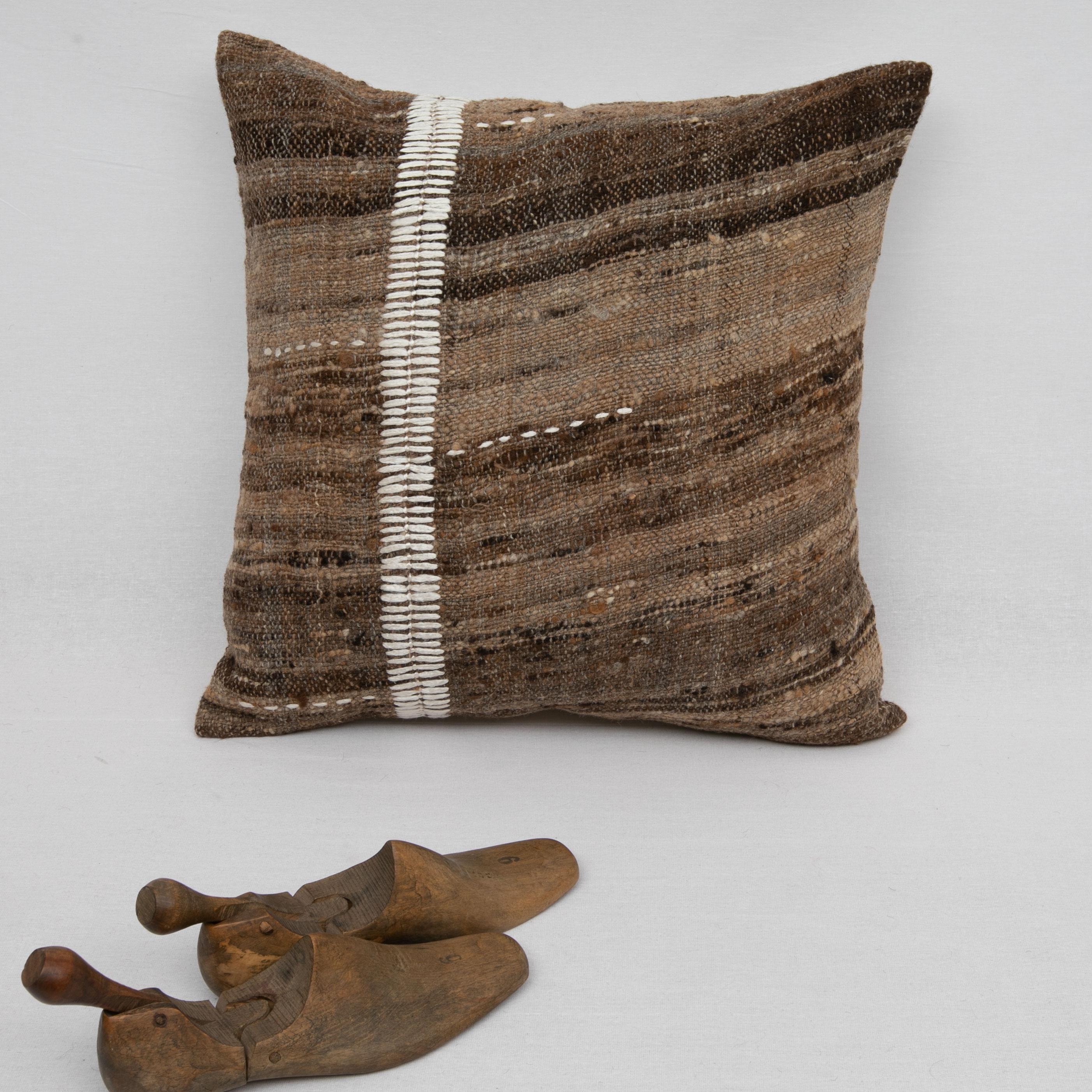 Turkish Rustic Pillow Case Made from a Vintage Un-Dyed Wool Coverlet, Mid 20th C For Sale