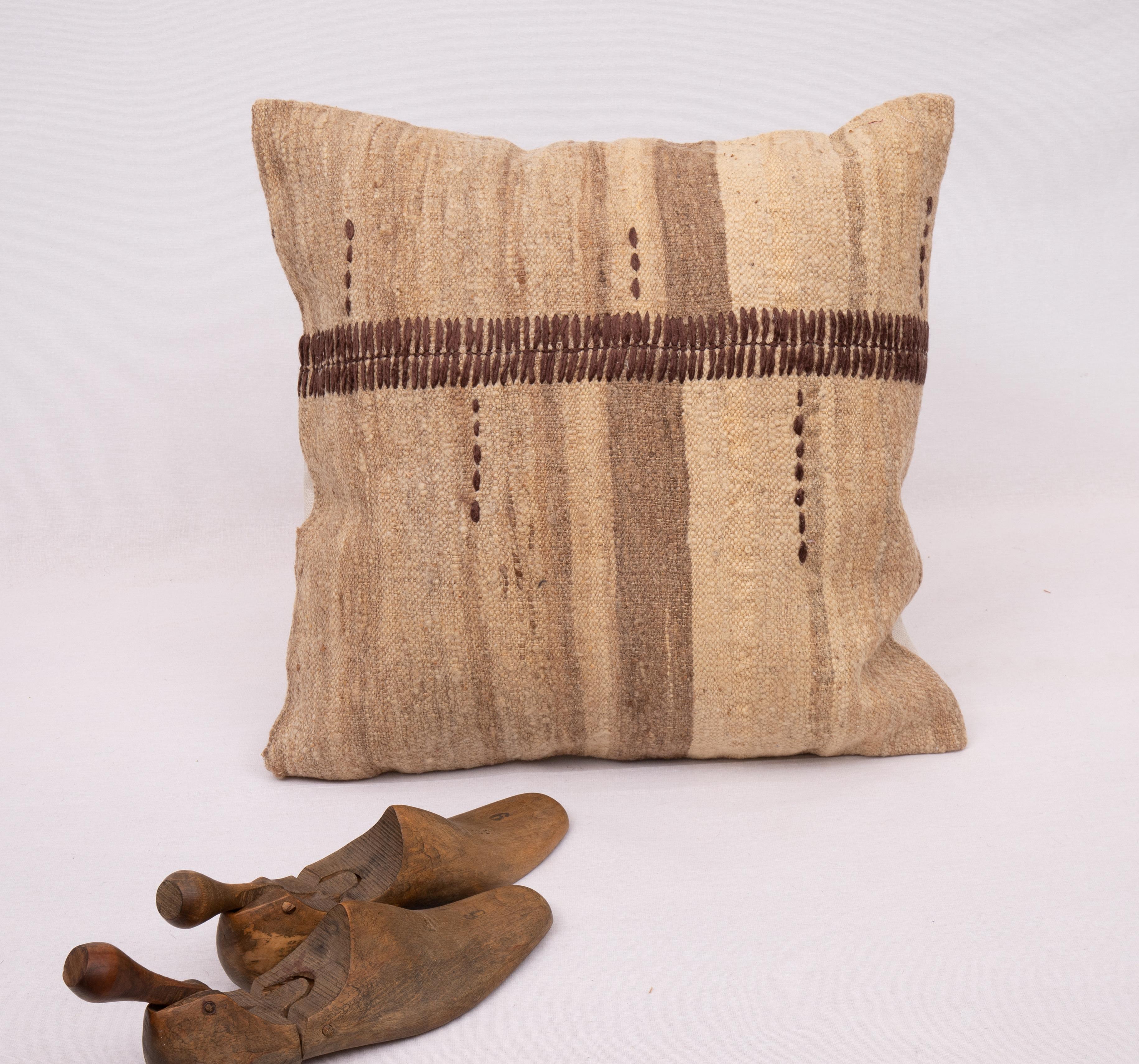 Kilim Rustic Pillow Case Made from a Vintage Un-Dyed Wool Coverlet, Mid-20th C