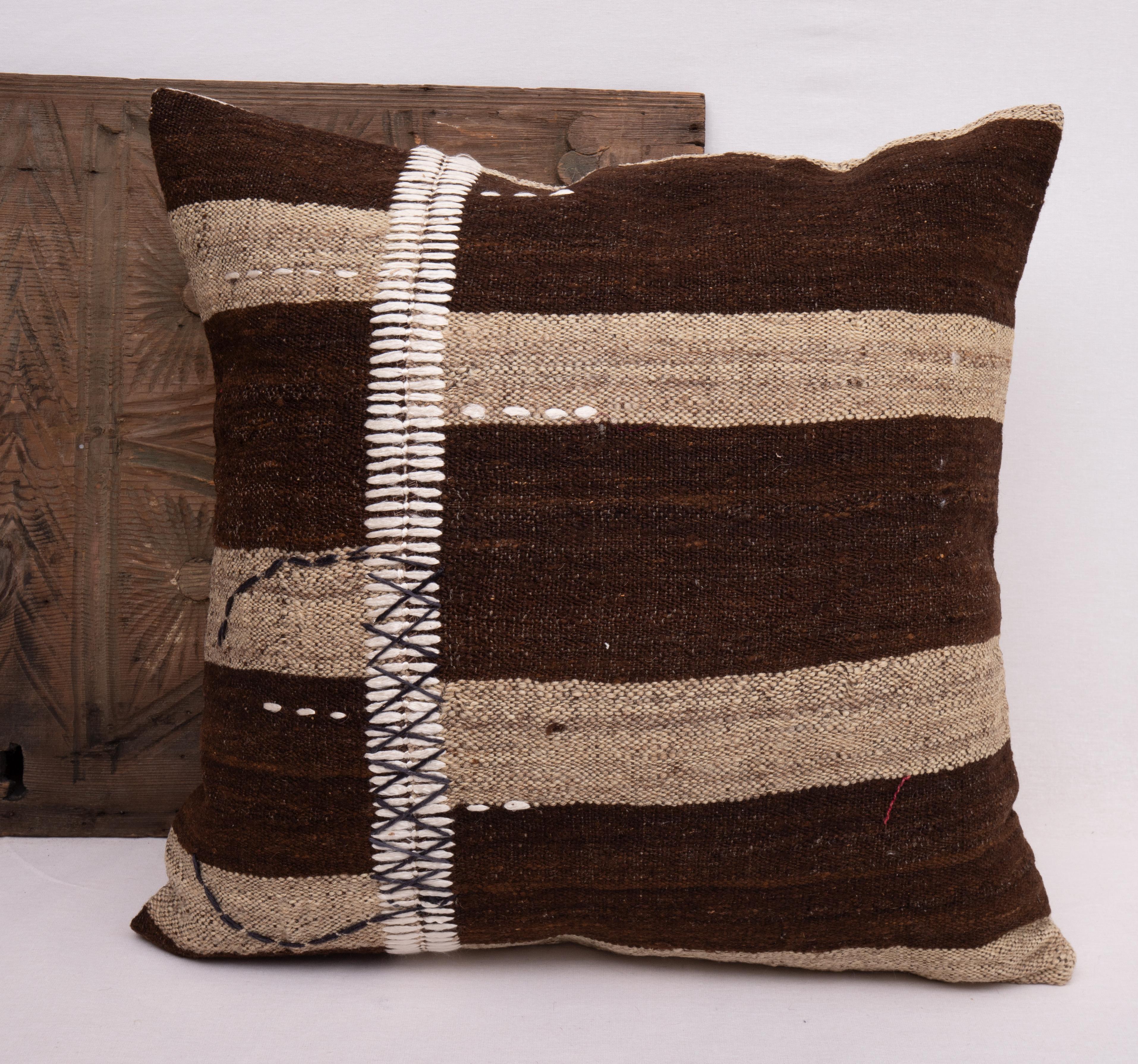 Embroidered  Rustic Pillow Case Made from a Vintage Un-Dyed Wool Coverlet, Mid 20th C For Sale