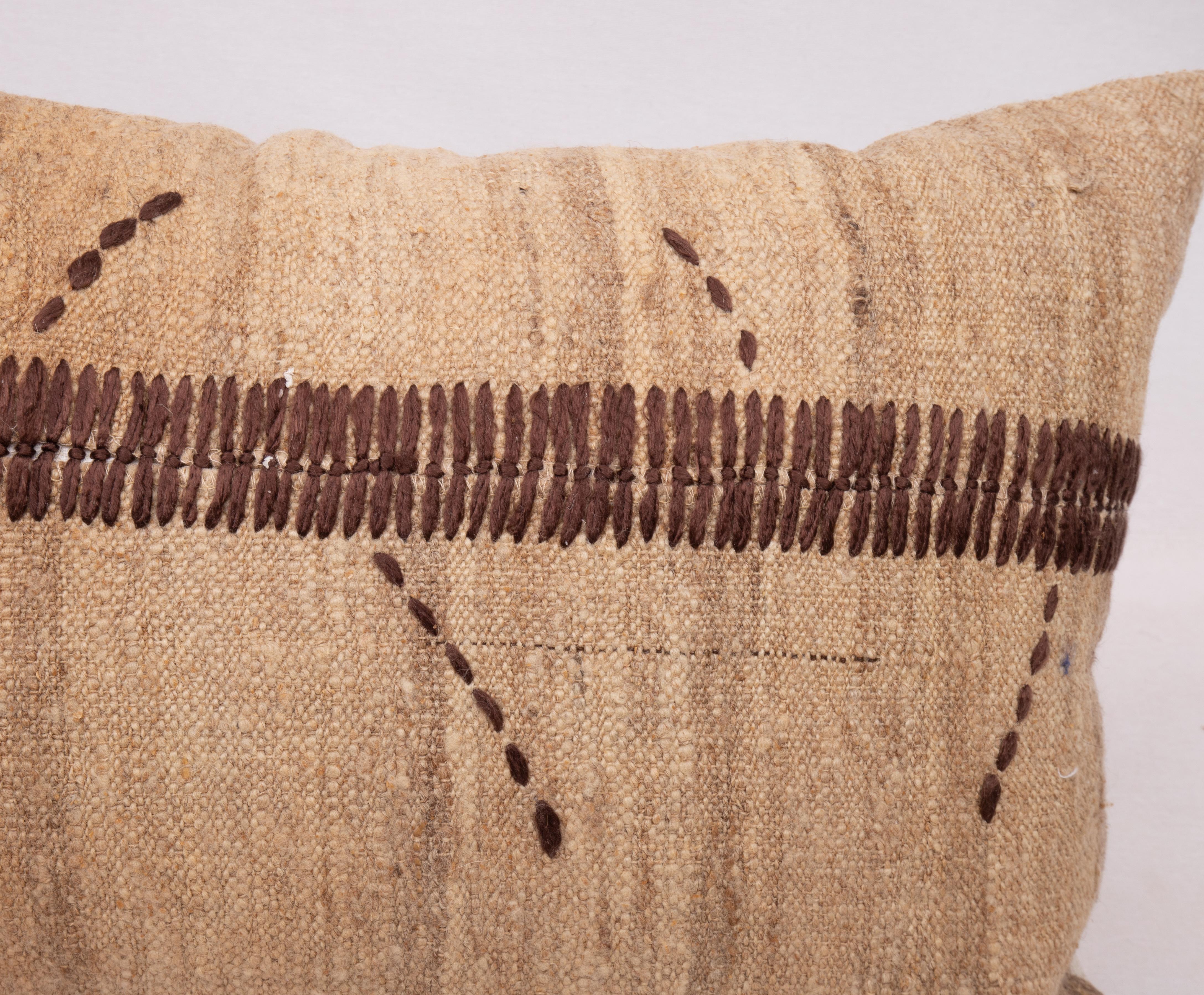 Embroidered Rustic Pillow Case Made from a Vintage Un-Dyed Wool Coverlet, Mid 20th C For Sale