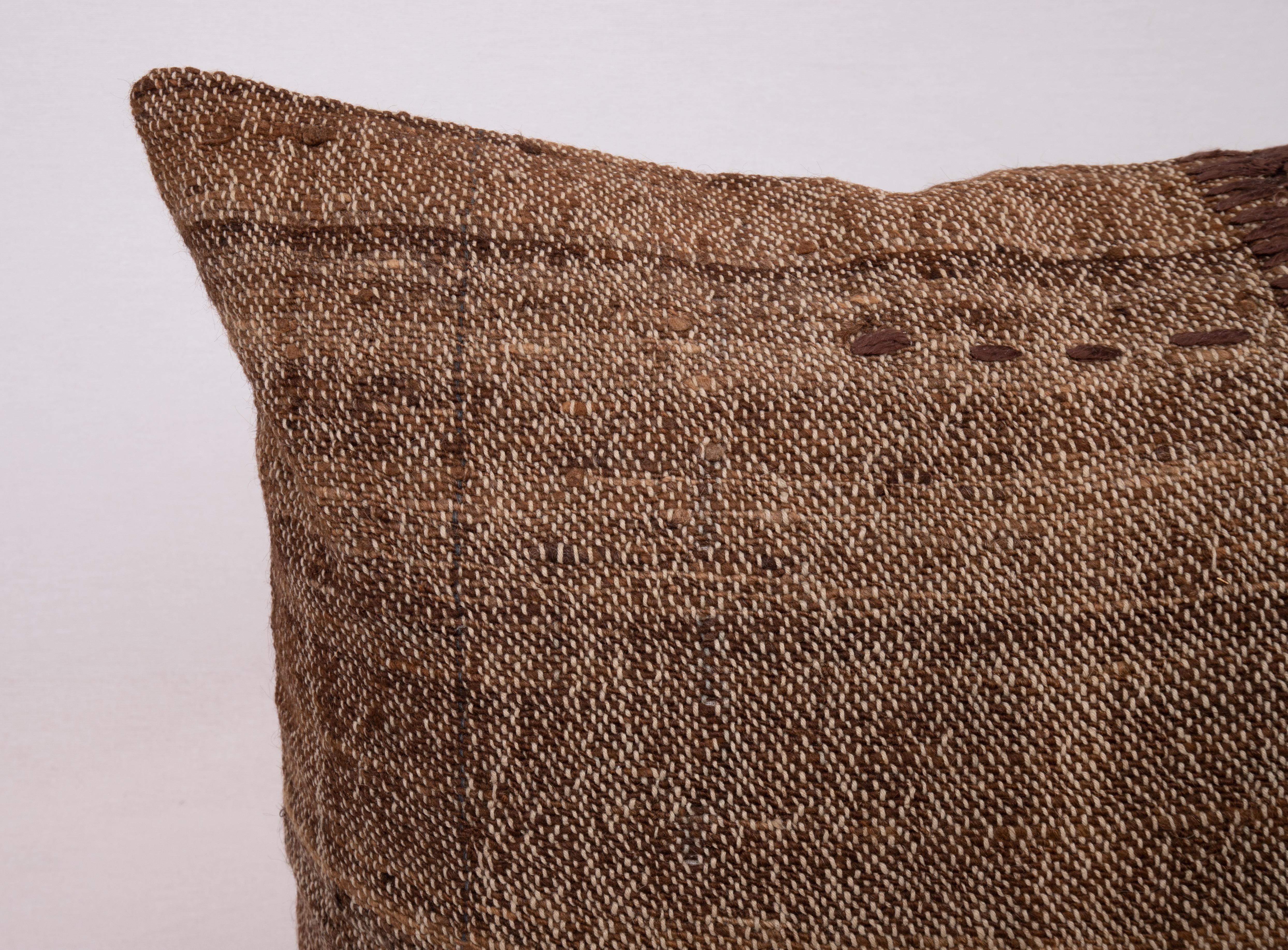 Embroidered Rustic Pillow Case Made from a Vintage Un-Dyed Wool Coverlet, Mid 20th C