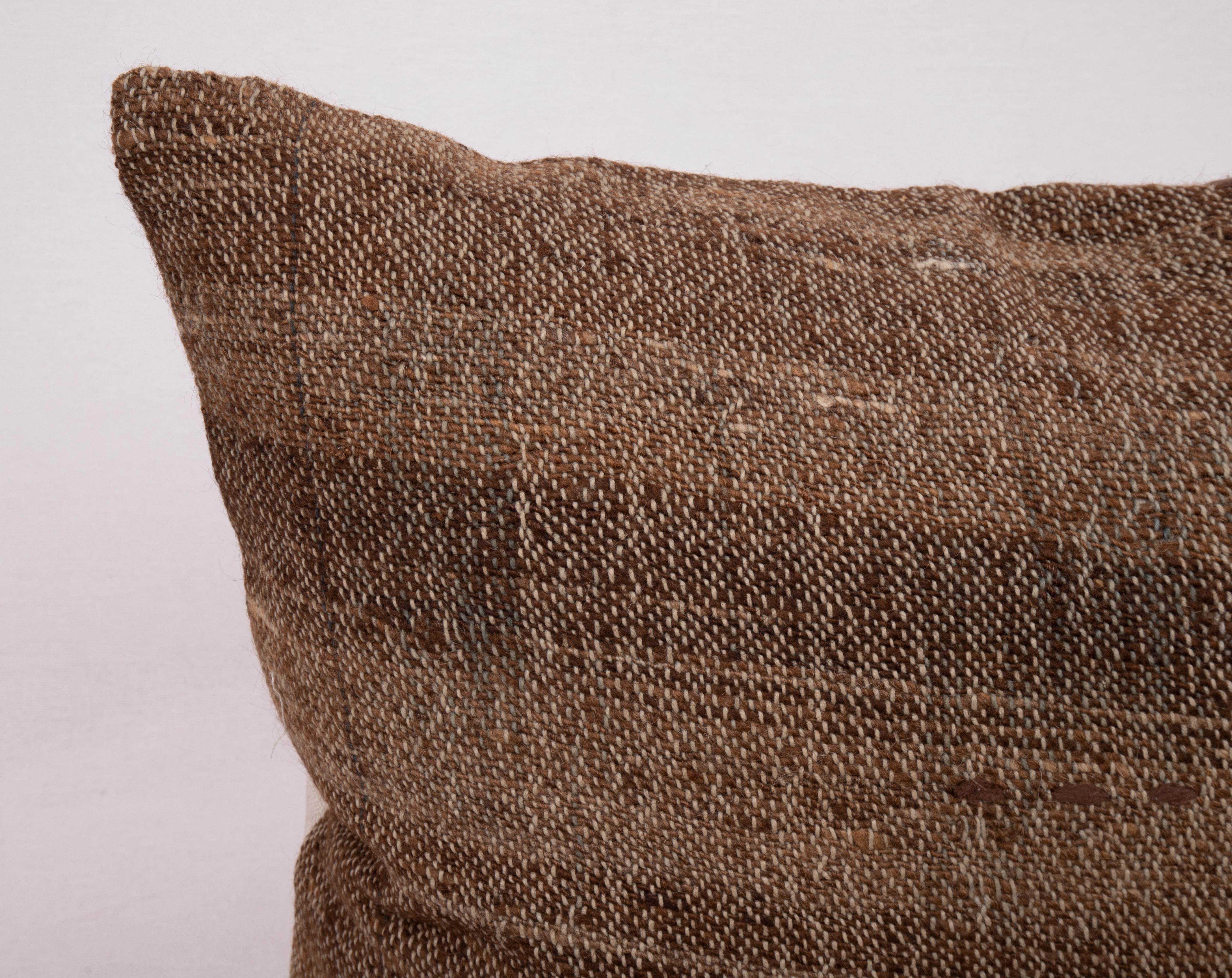 Embroidered Rustic Pillow Case Made from a Vintage Un-Dyed Wool Coverlet, Mid 20th C For Sale