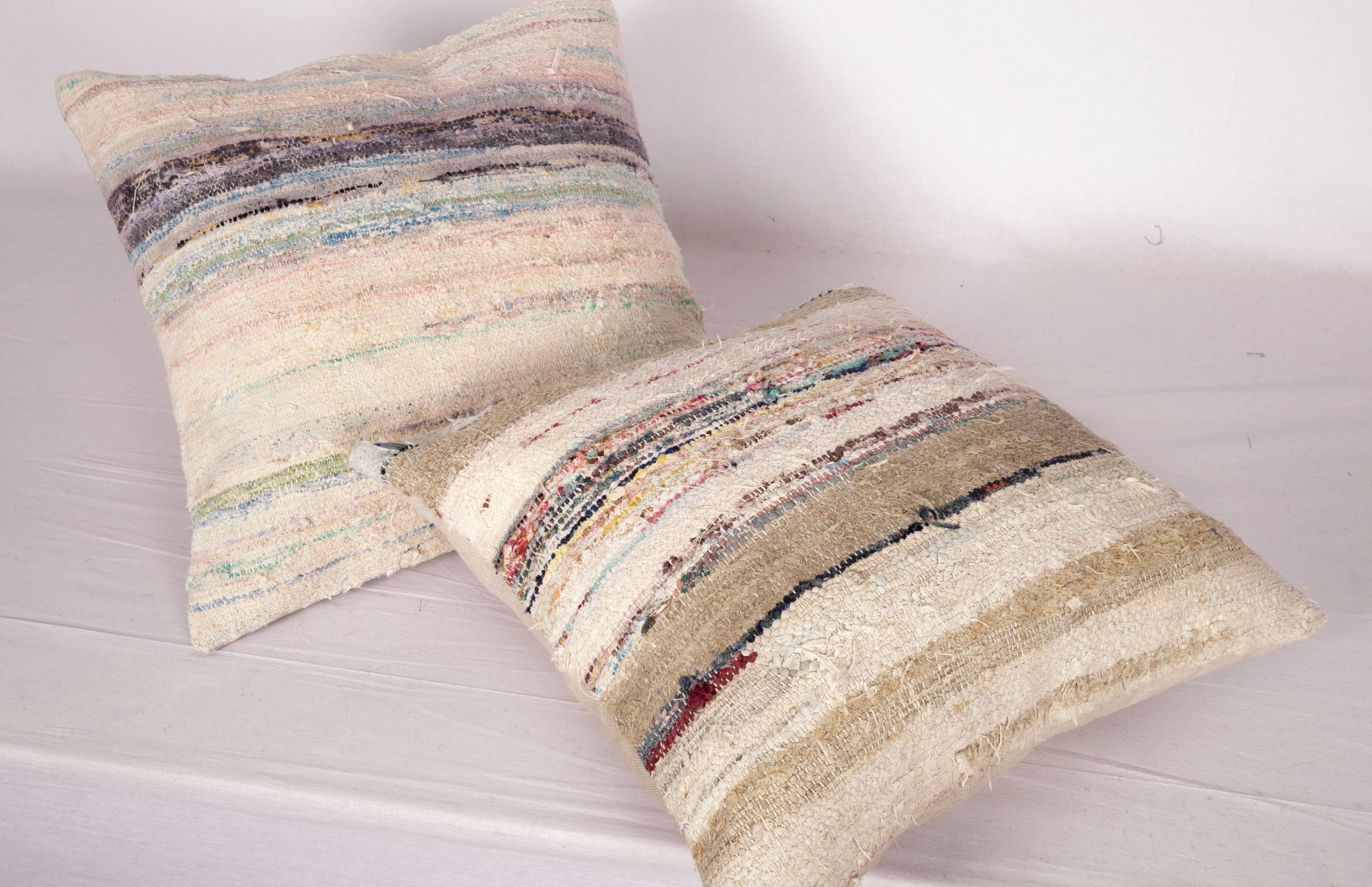Cotton Rustic Pillow Cases Made from an Anatolian Rag Rug, Mid-20th Century For Sale