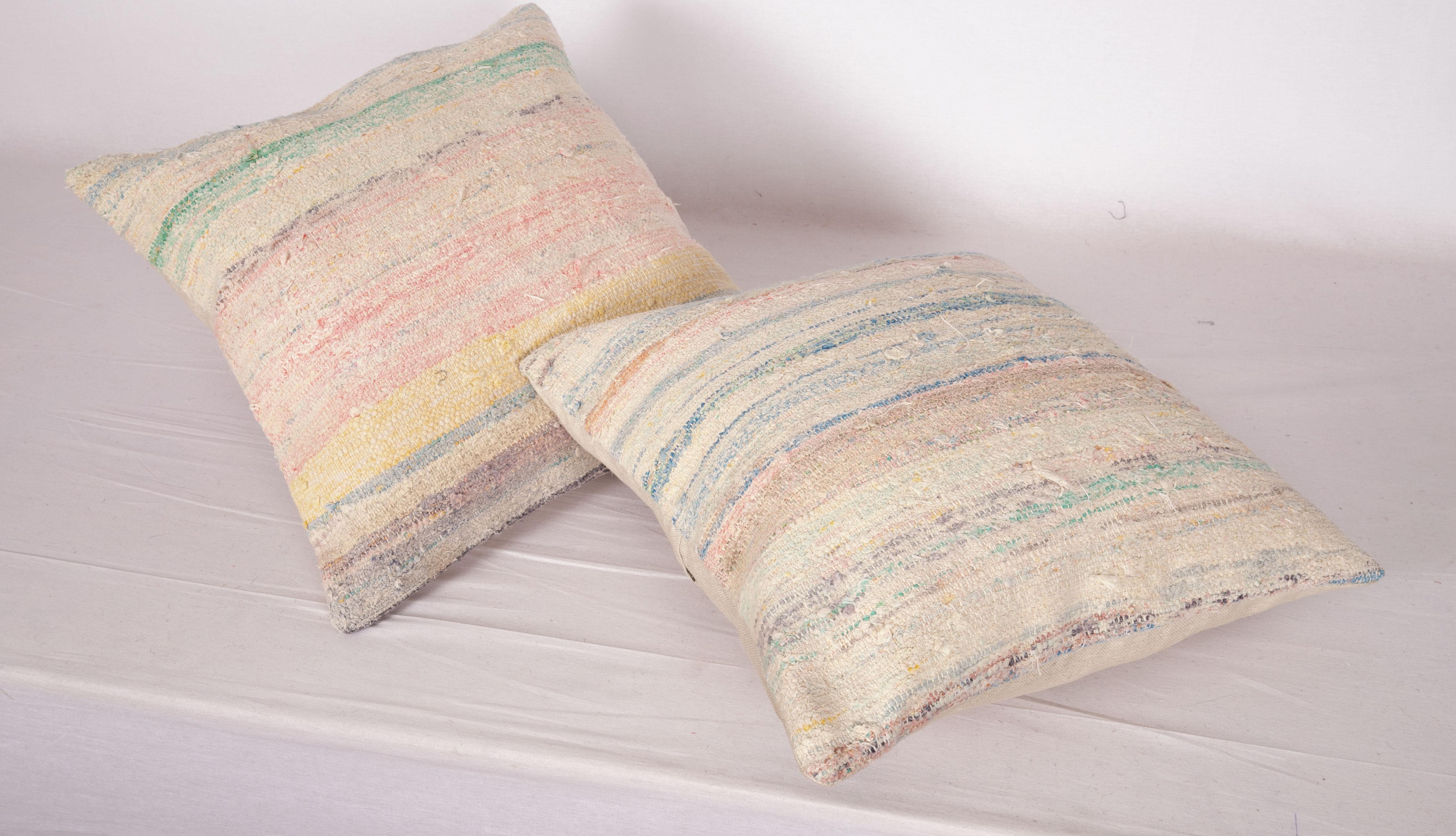 Cotton Rustic Pillow Cases Made from an Anatolian Rag Rug, Mid-20th Century For Sale