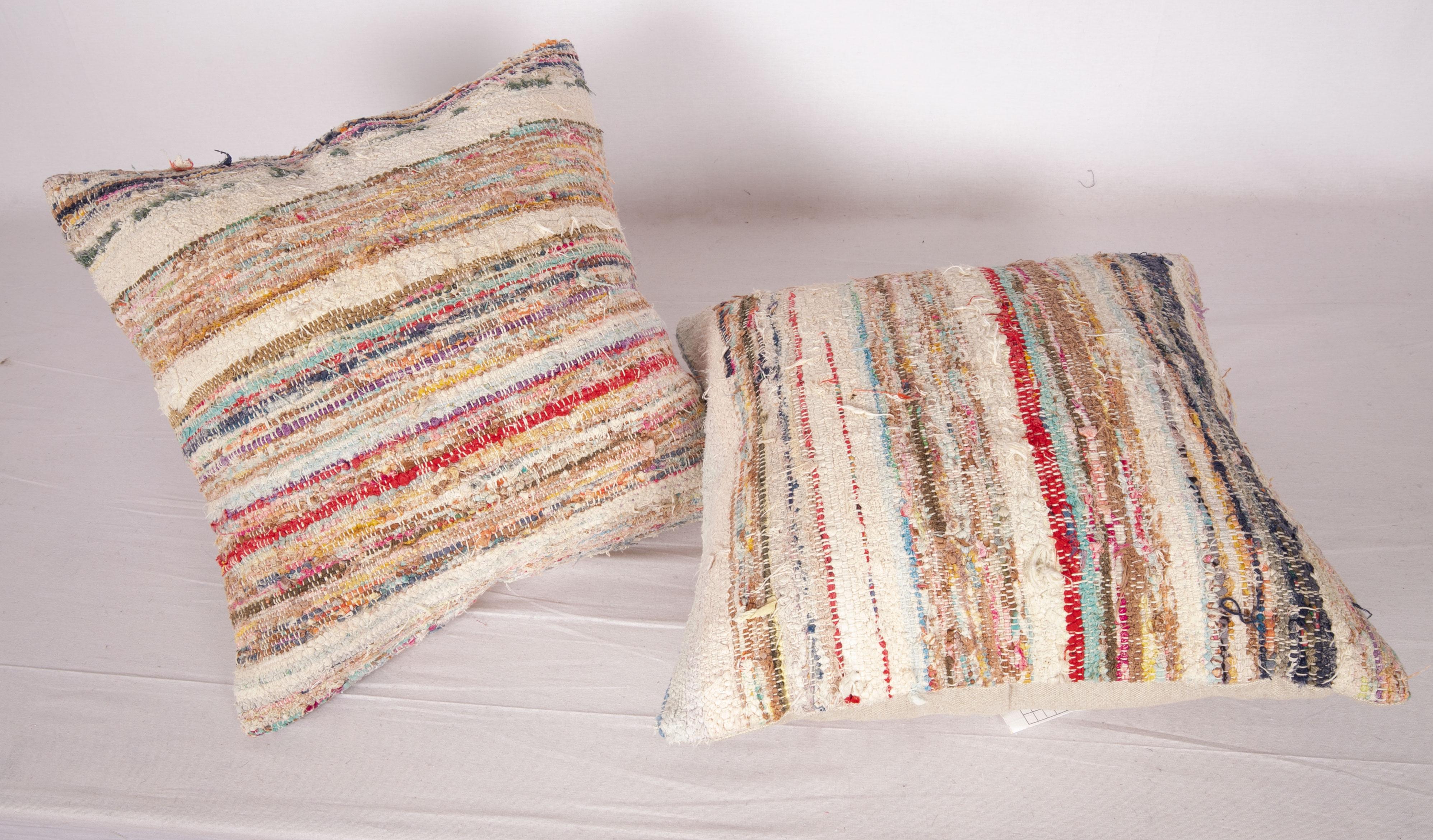 Cotton Rustic Pillow Cases Made from an Anatolian Rag Rug, Mid-20th Century For Sale