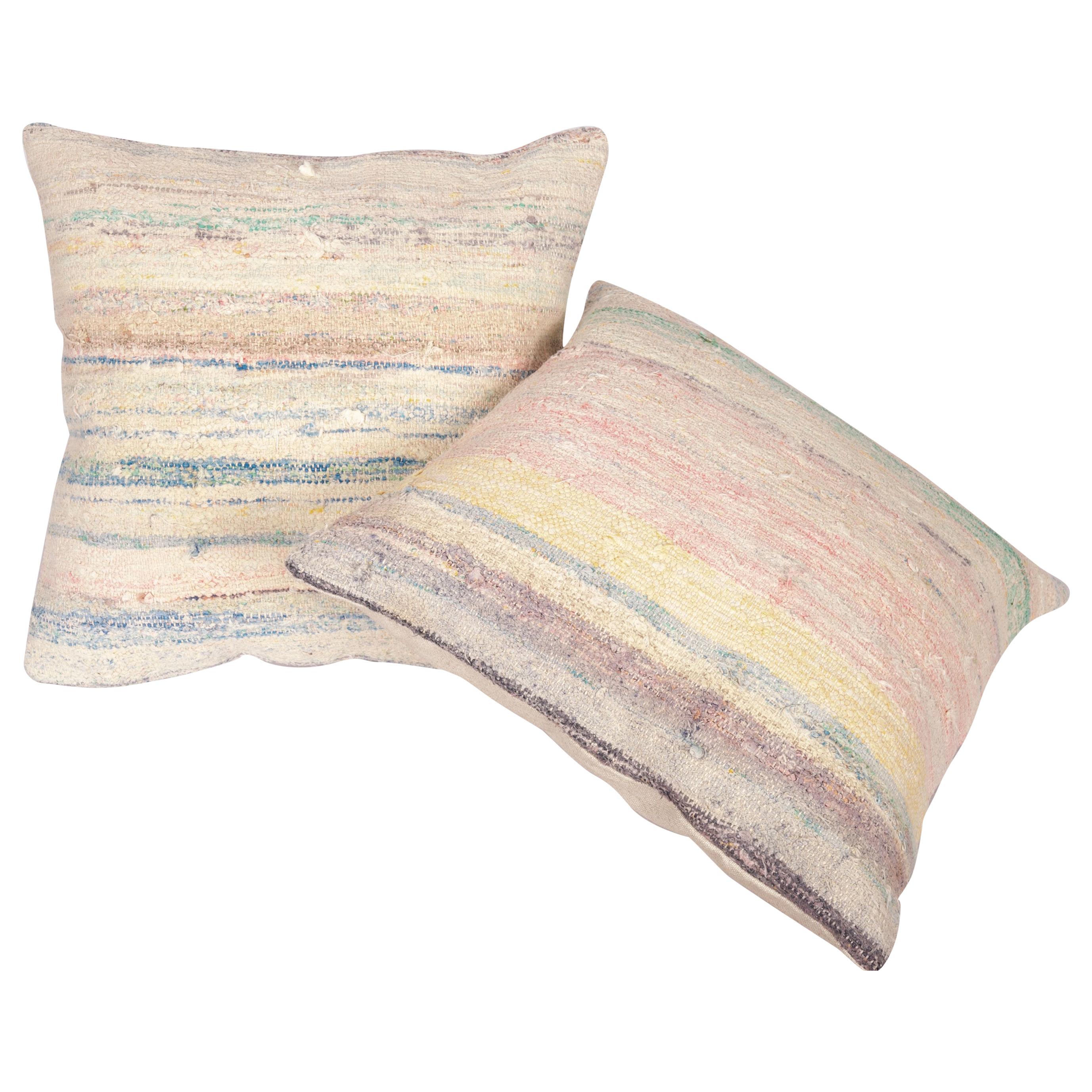 Rustic Pillow Cases Made from an Anatolian Rag Rug, Mid-20th Century For Sale