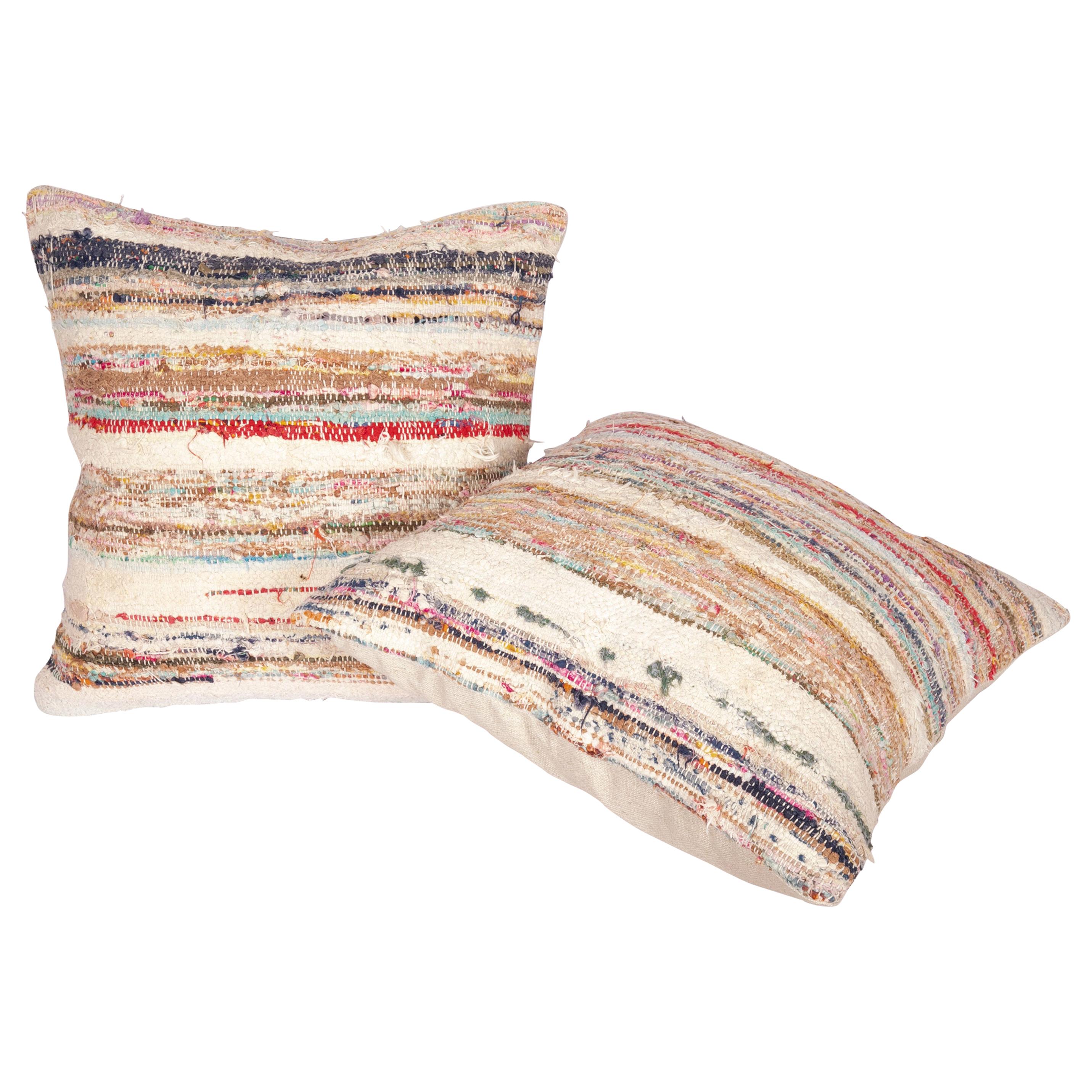 Rustic Pillow Cases Made from an Anatolian Rag Rug, Mid-20th Century For Sale