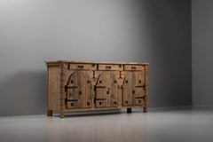 Rustic Pine Buffet with Arched Doors and Hand-Forged Hardware, France, 1940s