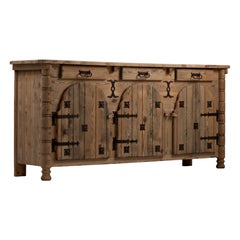 Rustic Pine Buffet with Arched Doors and Hand-Forged Hardware, France, 1940s