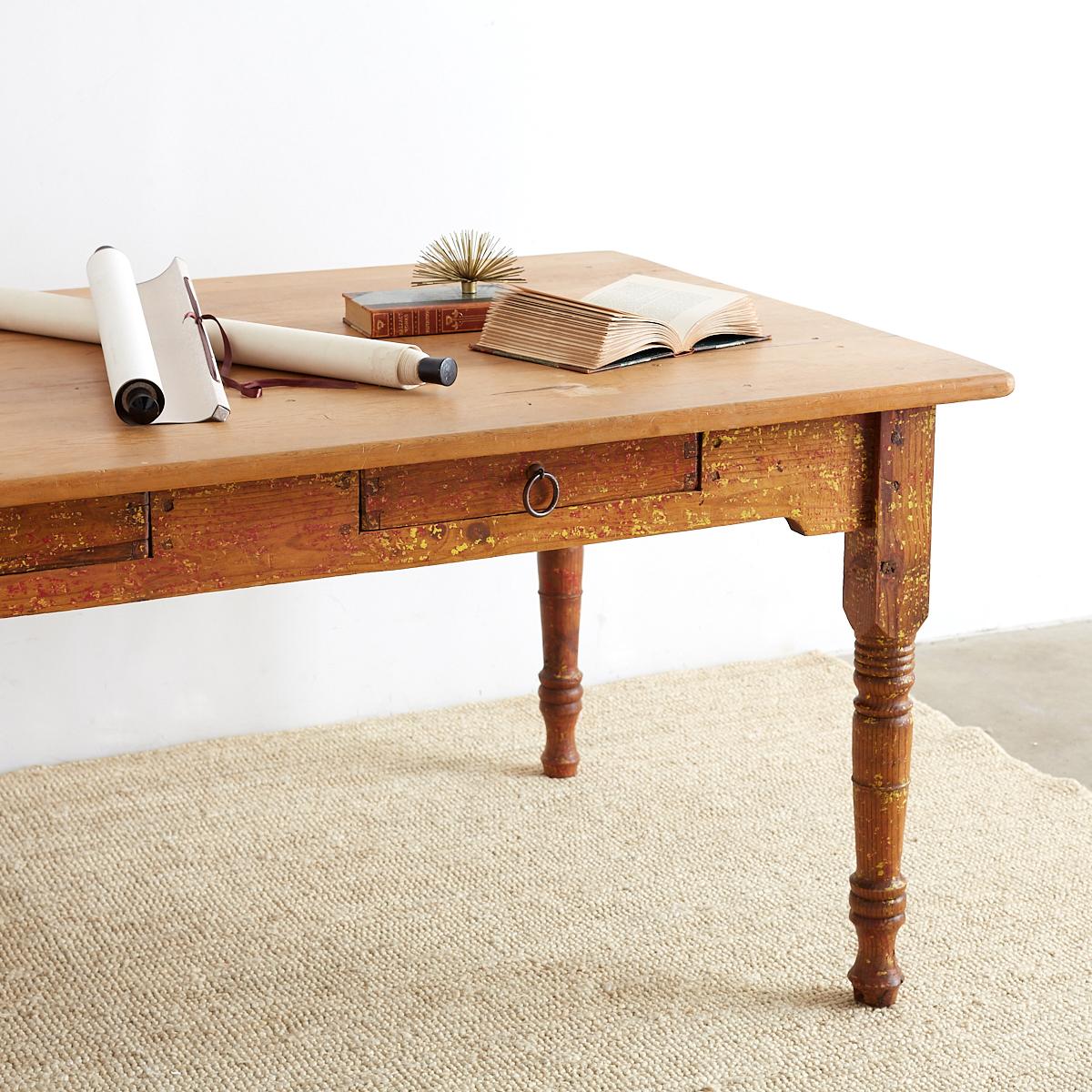 Rustic Pine Farm Table with Old Paint Remnants 4