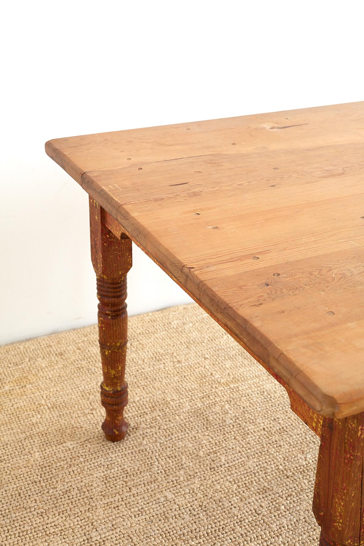 Rustic Pine Farm Table with Old Paint Remnants 10