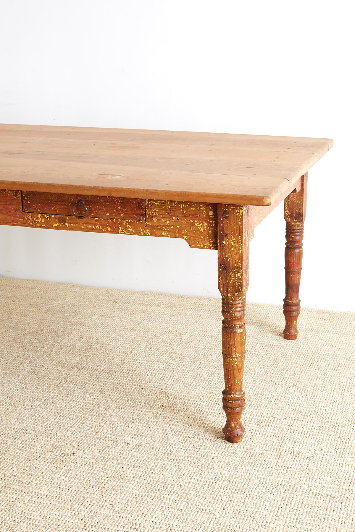 American Rustic Pine Farm Table with Old Paint Remnants