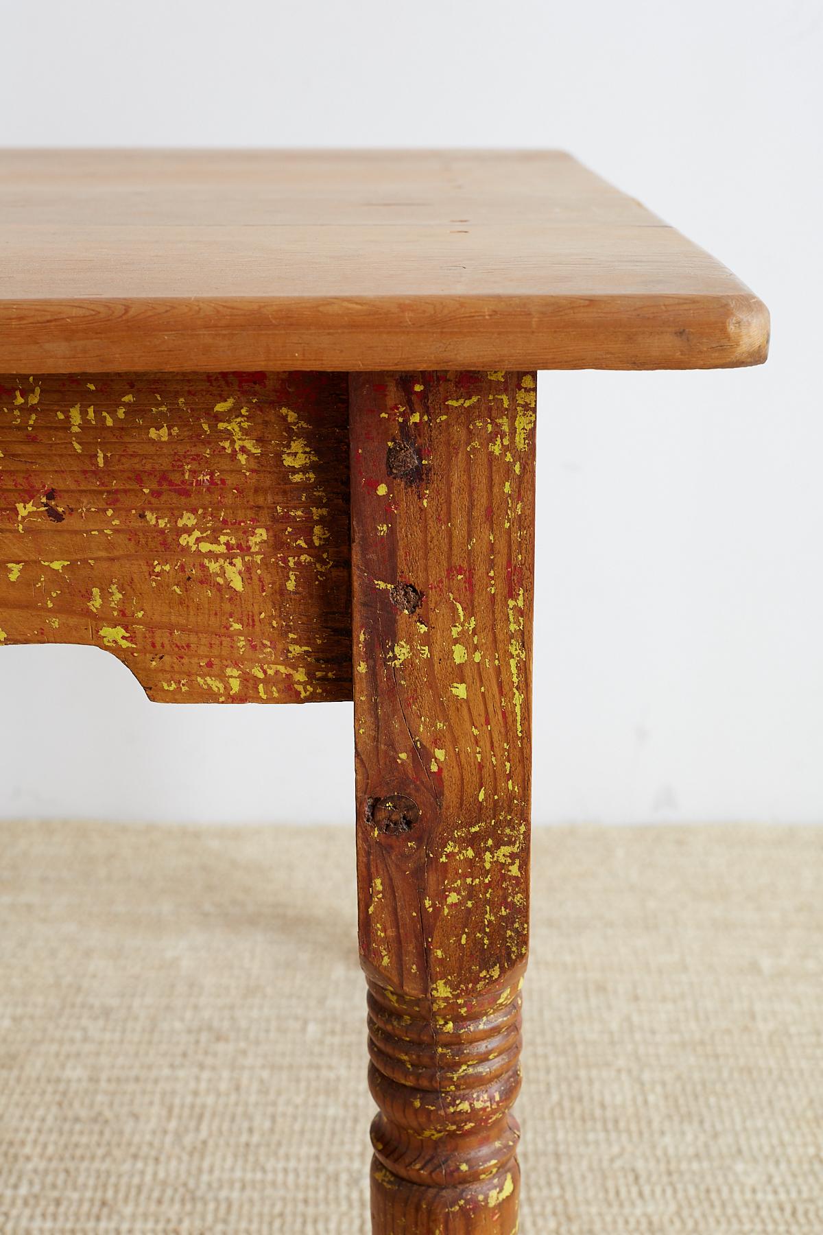 20th Century Rustic Pine Farm Table with Old Paint Remnants
