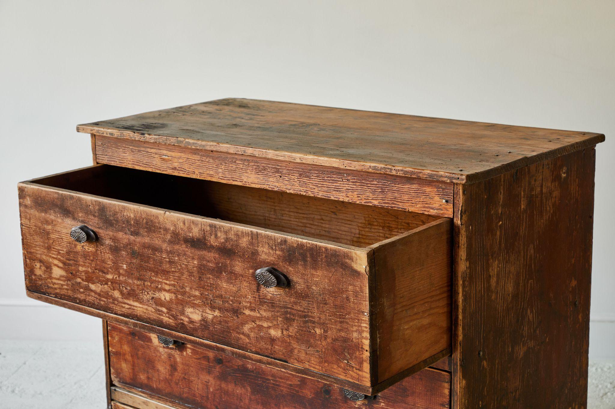 Rustic Pine Three-Drawer Chest of Drawers In Fair Condition In Los Angeles, CA