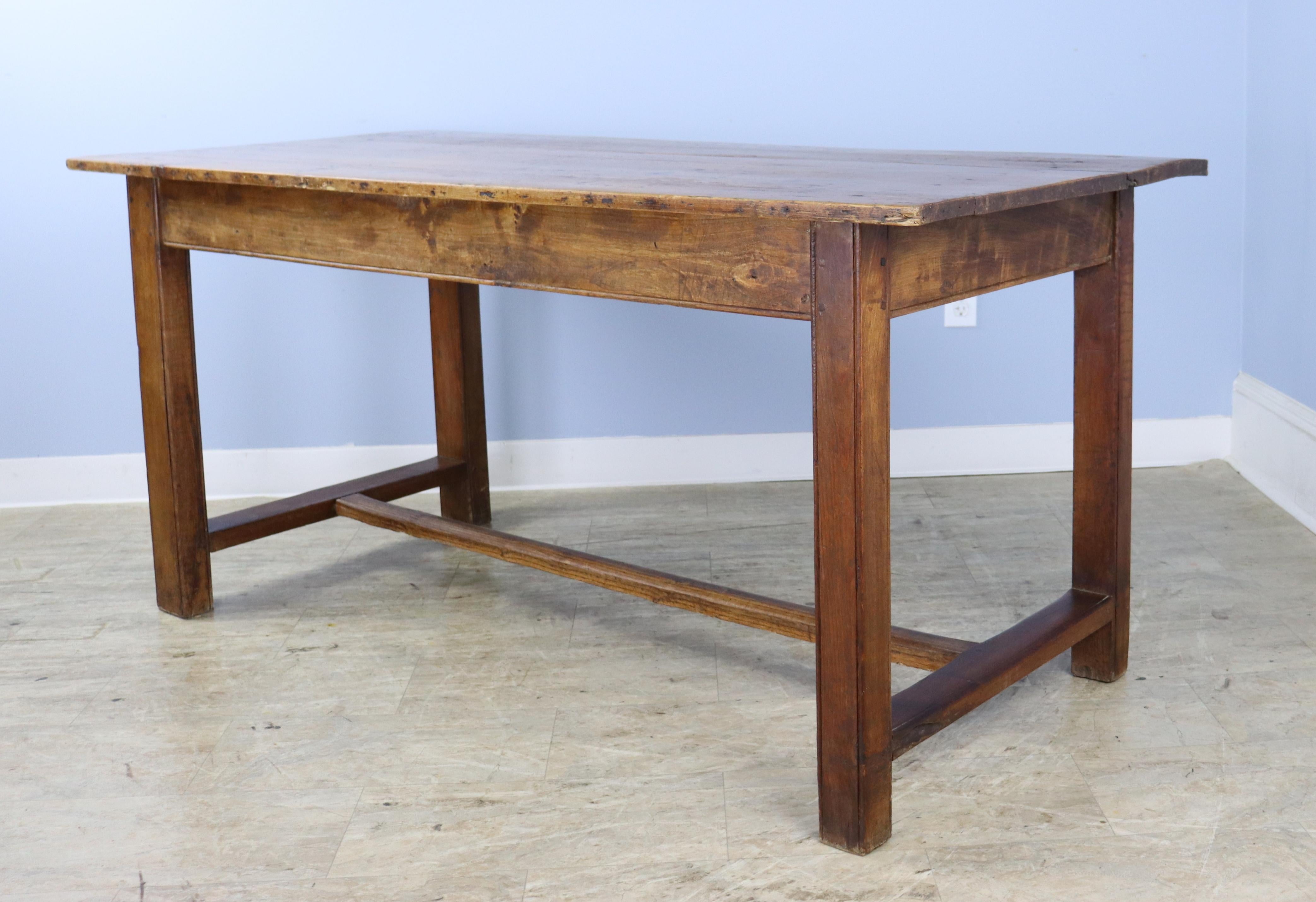French Rustic Pine Trestle Table, Oak Base For Sale