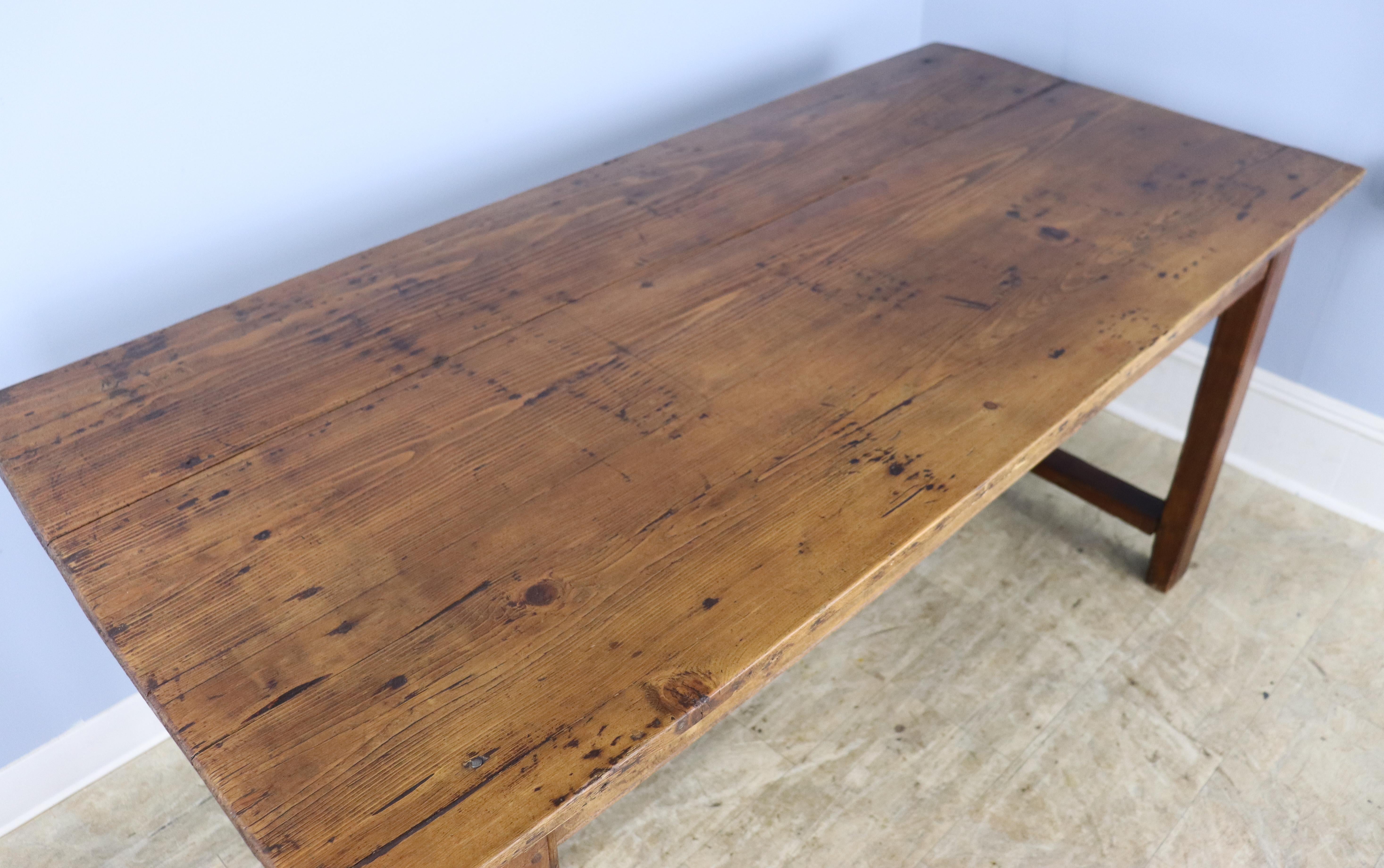 Rustic Pine Trestle Table, Oak Base For Sale 1