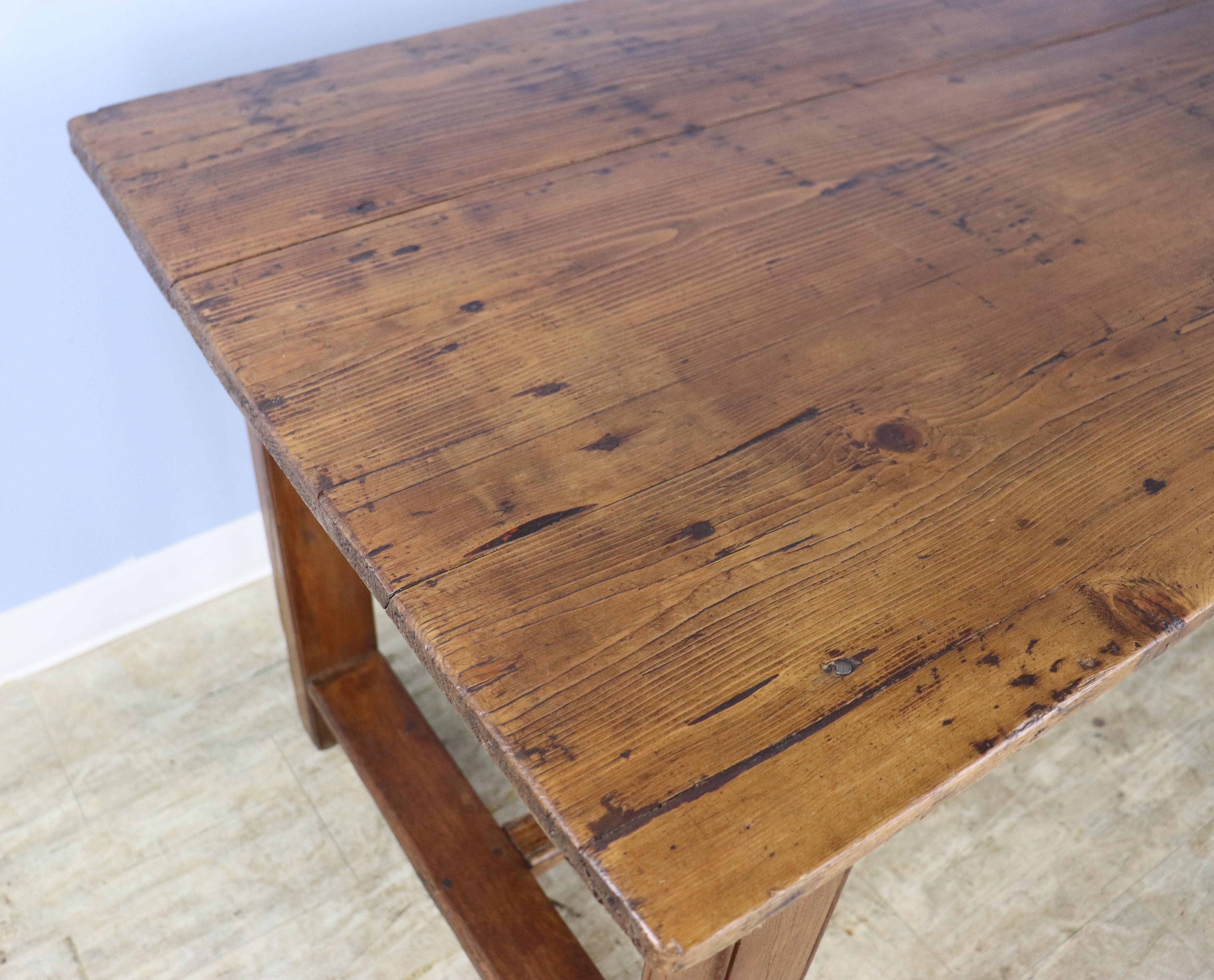 Rustic Pine Trestle Table, Oak Base For Sale 2
