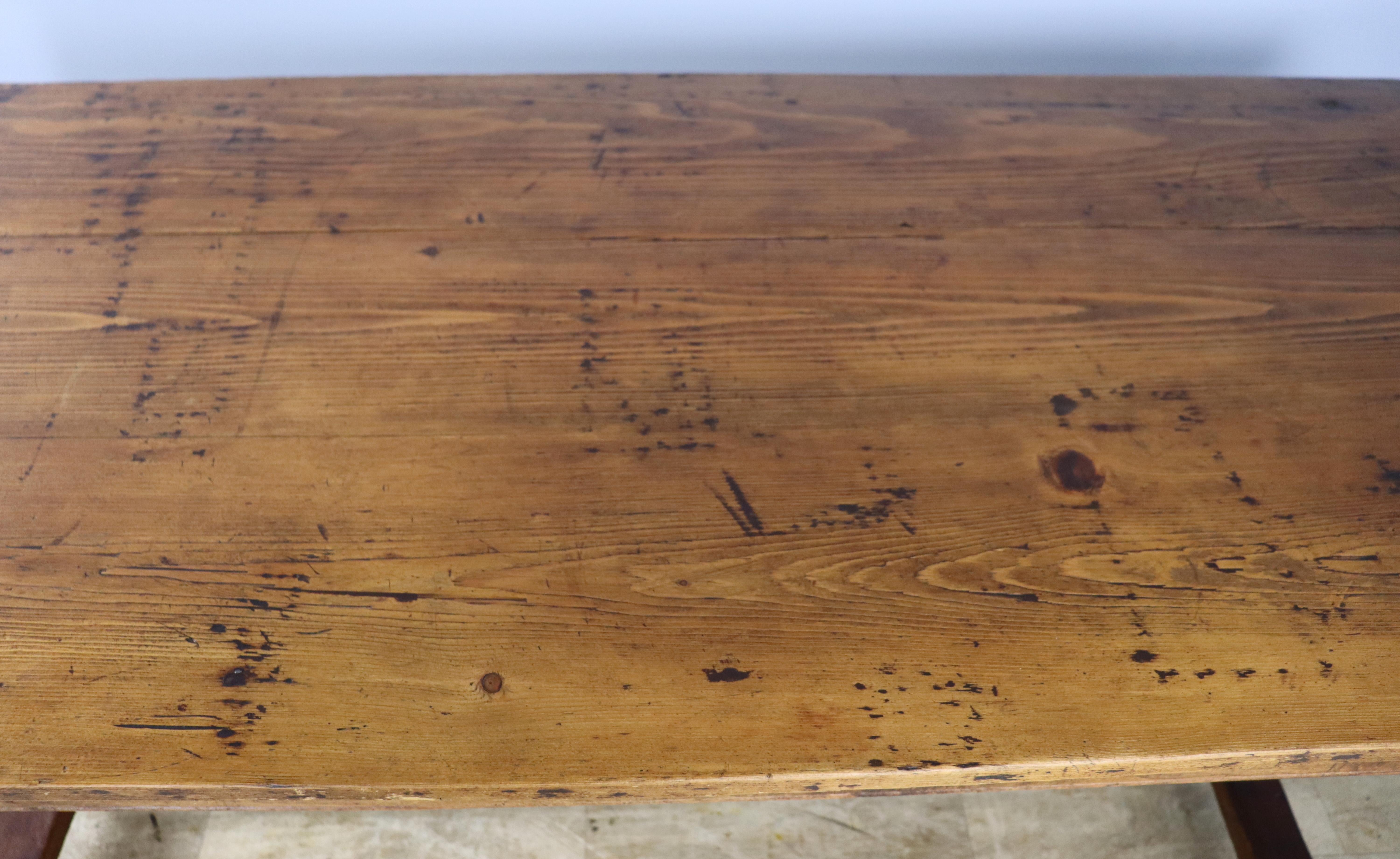 Rustic Pine Trestle Table, Oak Base For Sale 3